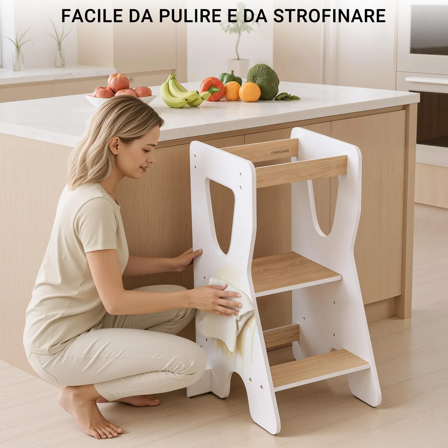 COSYLAND Torre Montessoriana Bambini Legno Naturale 3 Altezze Regolabili Bianco e Naturale