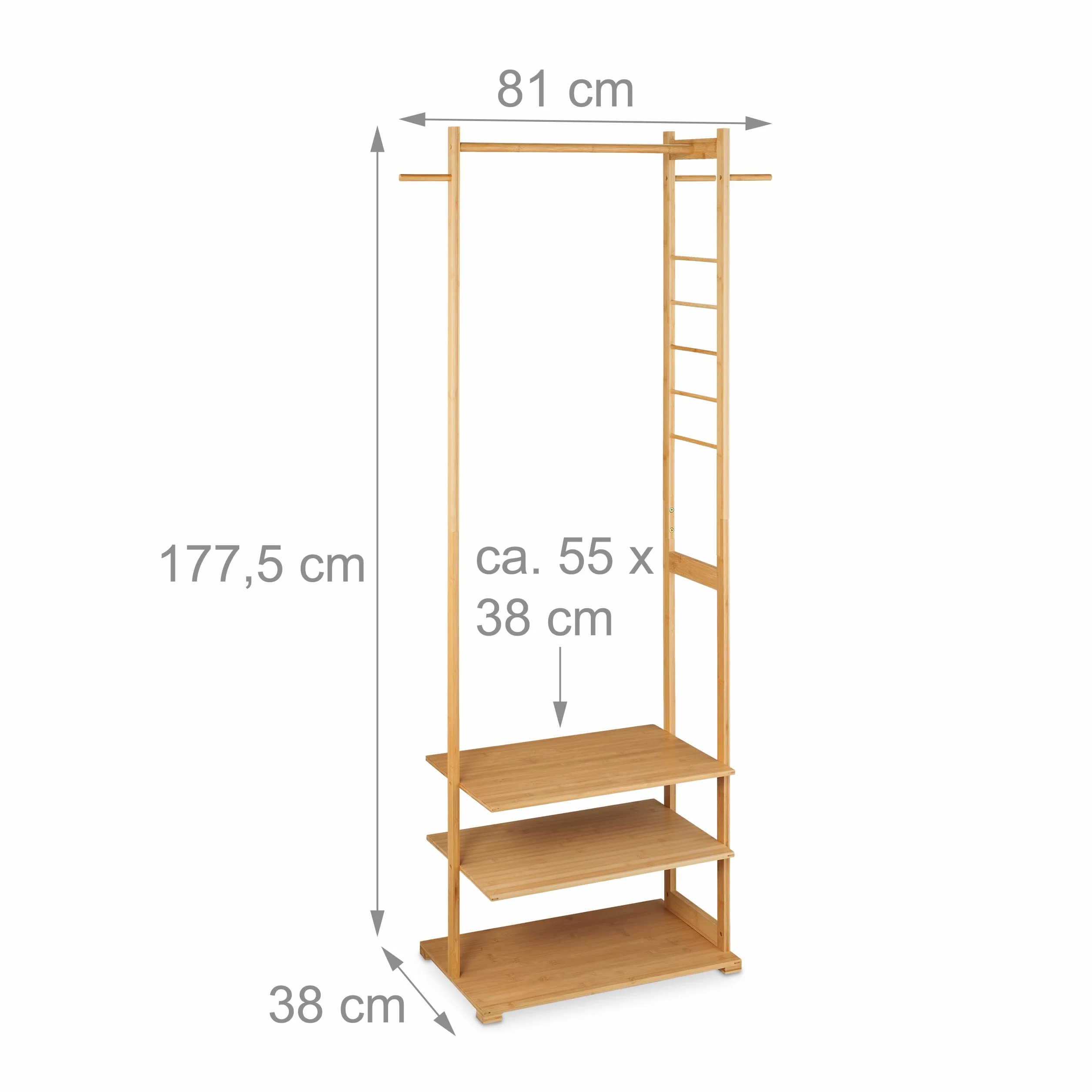 Relaxdays Appendiabiti in bambù 3 Ripiani 3 Ganci 177,5x81x38 cm Marrone Naturale