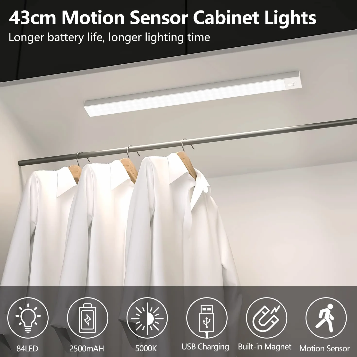 OUILA Luce Led Sottopensile Cucina 43cm, 2PCS 2500mAh, 4 Modalità con Sensore Movimento,5000K, Luce Armadio Led con Sensore per Armadio Scale Corridoio Garage Letto
