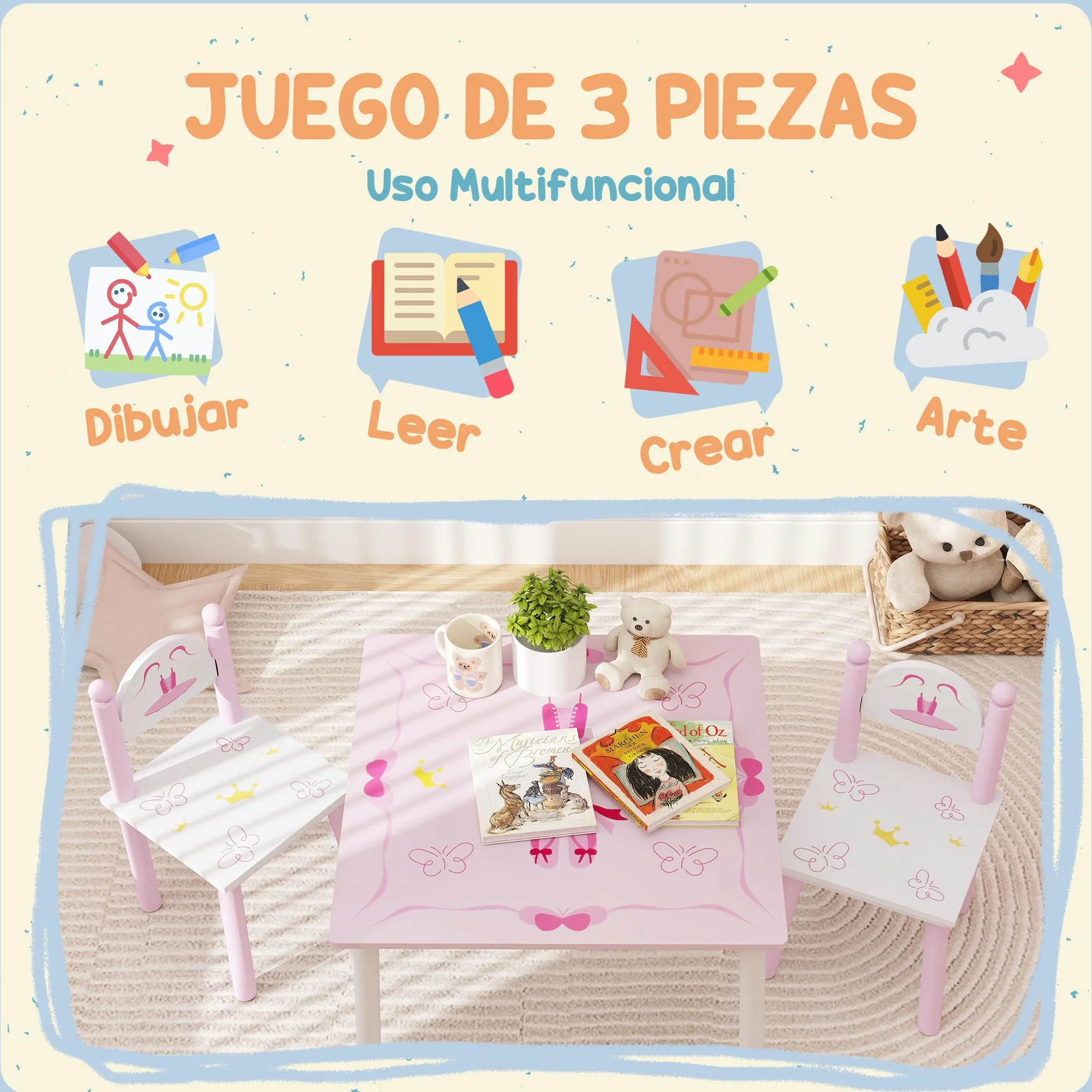 AIYAPLAY Tavolo e sedie per bambini 3 pezzi stile principessa Rosa e bianco