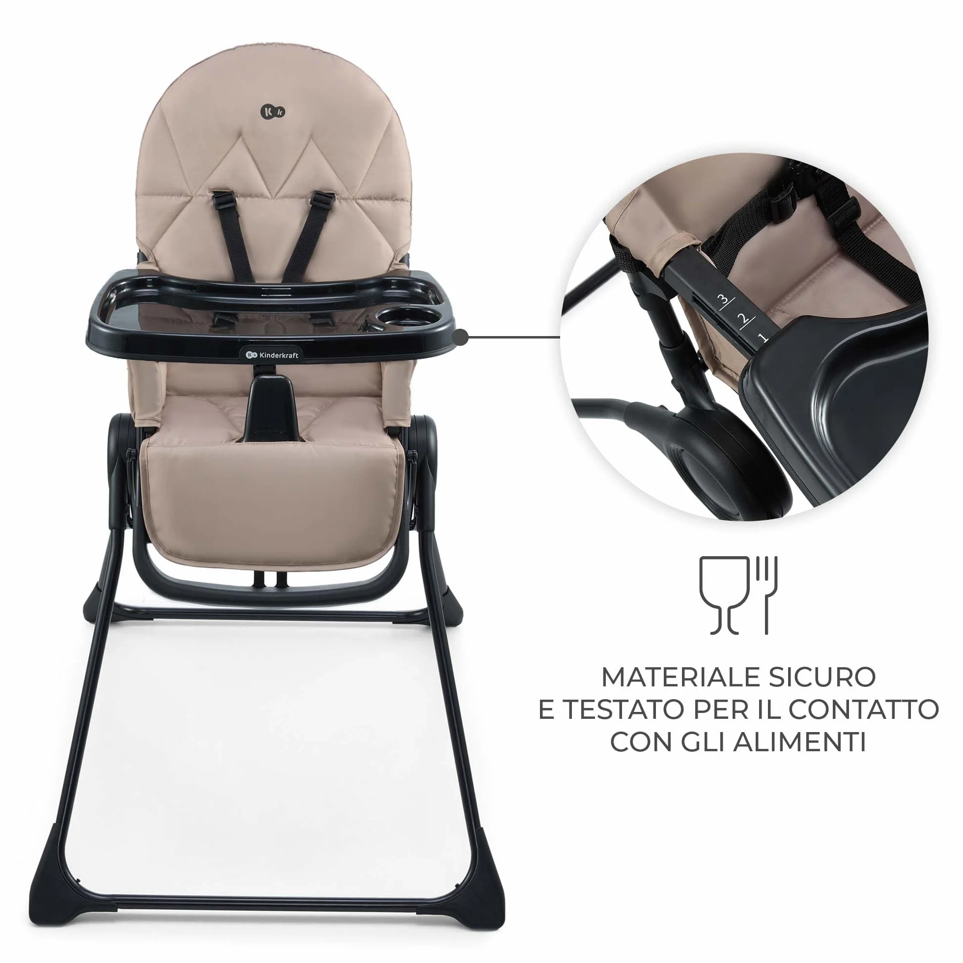 Kinderkraft BINCI Seggiolone Pieghevole Leggero con Vassoio Regolabile, Poggiapiedi e Cintura a 5 Punti, Beige
