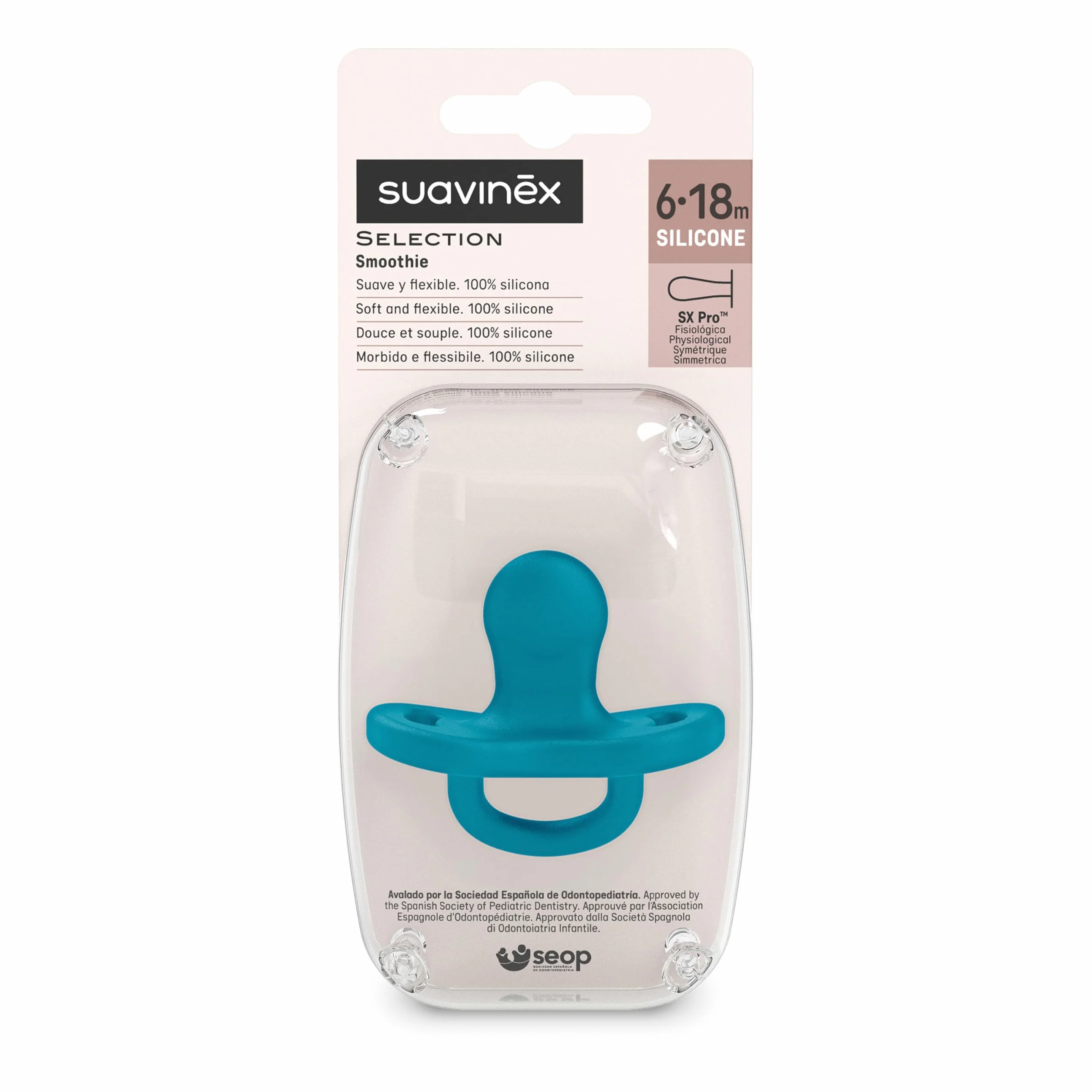Suavinex Ciuccio Tutto in Silicone per Bambini 6/18 Mesi Tettarella Fisiologica Sx Pro Blu Oceno