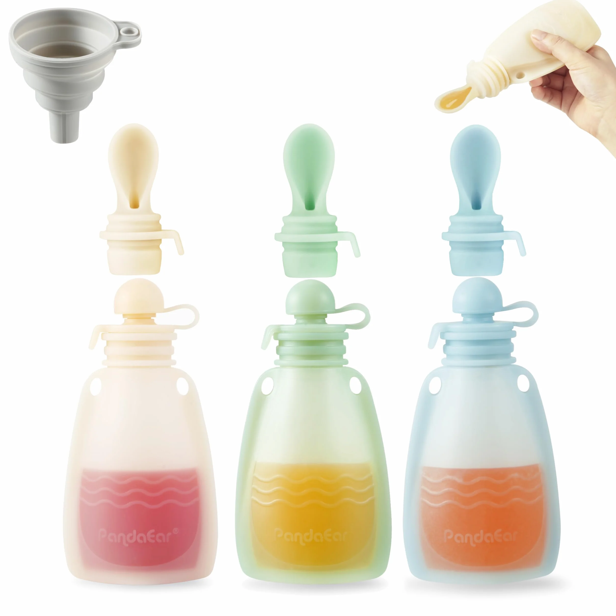 PandaEar Set di 3 Sacchetti Riutilizzabili in Silicone per Pappe per Neonati 150 ml Beige Blu Verde