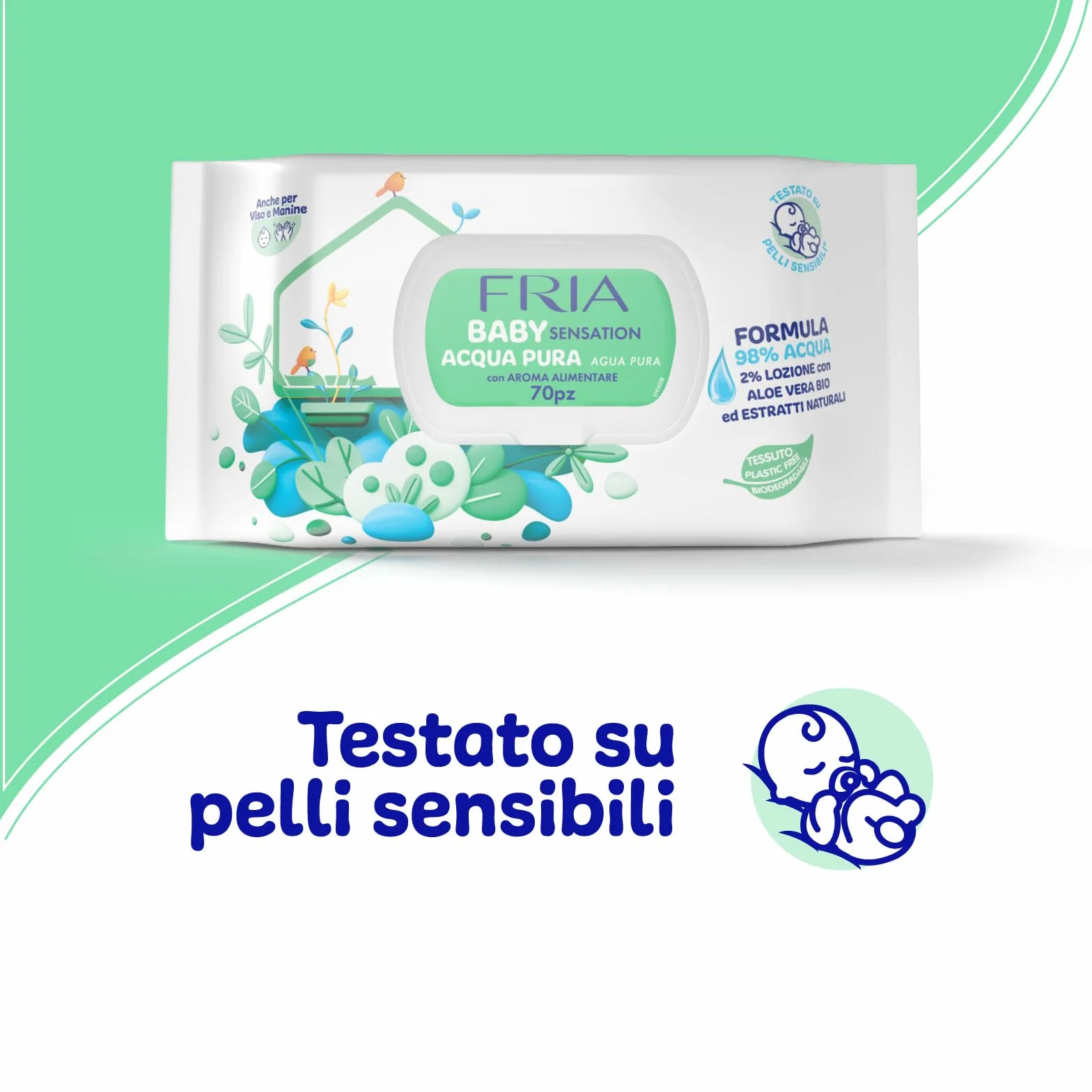 Fria Baby Sensation Acqua Pura Salviette per Cambio Pannolino, 98% Acqua Purificata, 70 Salviette