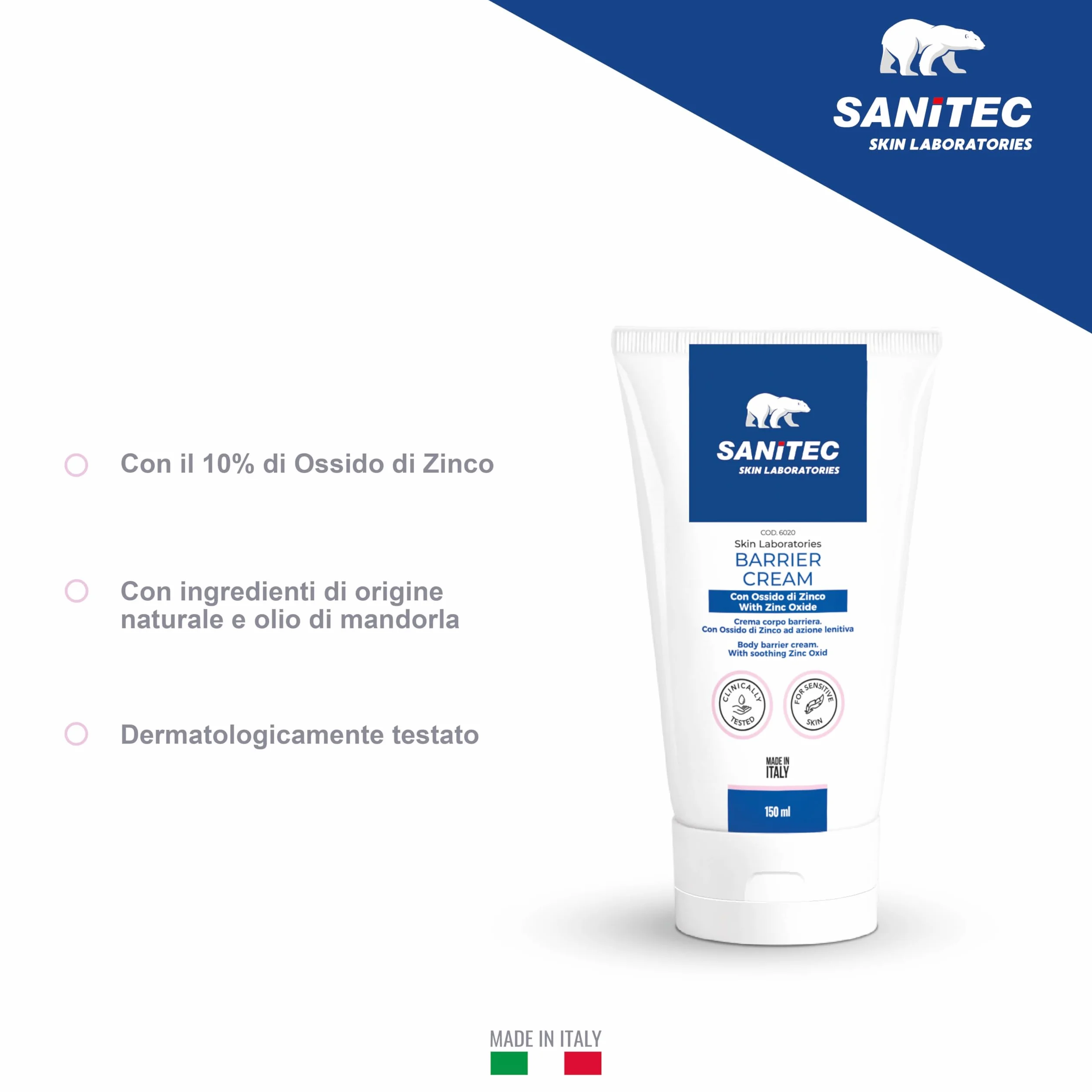Sanitec BARRIER CREAM Crema Corpo Idratante Ossido di Zinco 10% Azione Lenitiva Olio di Mandorla 150 ml