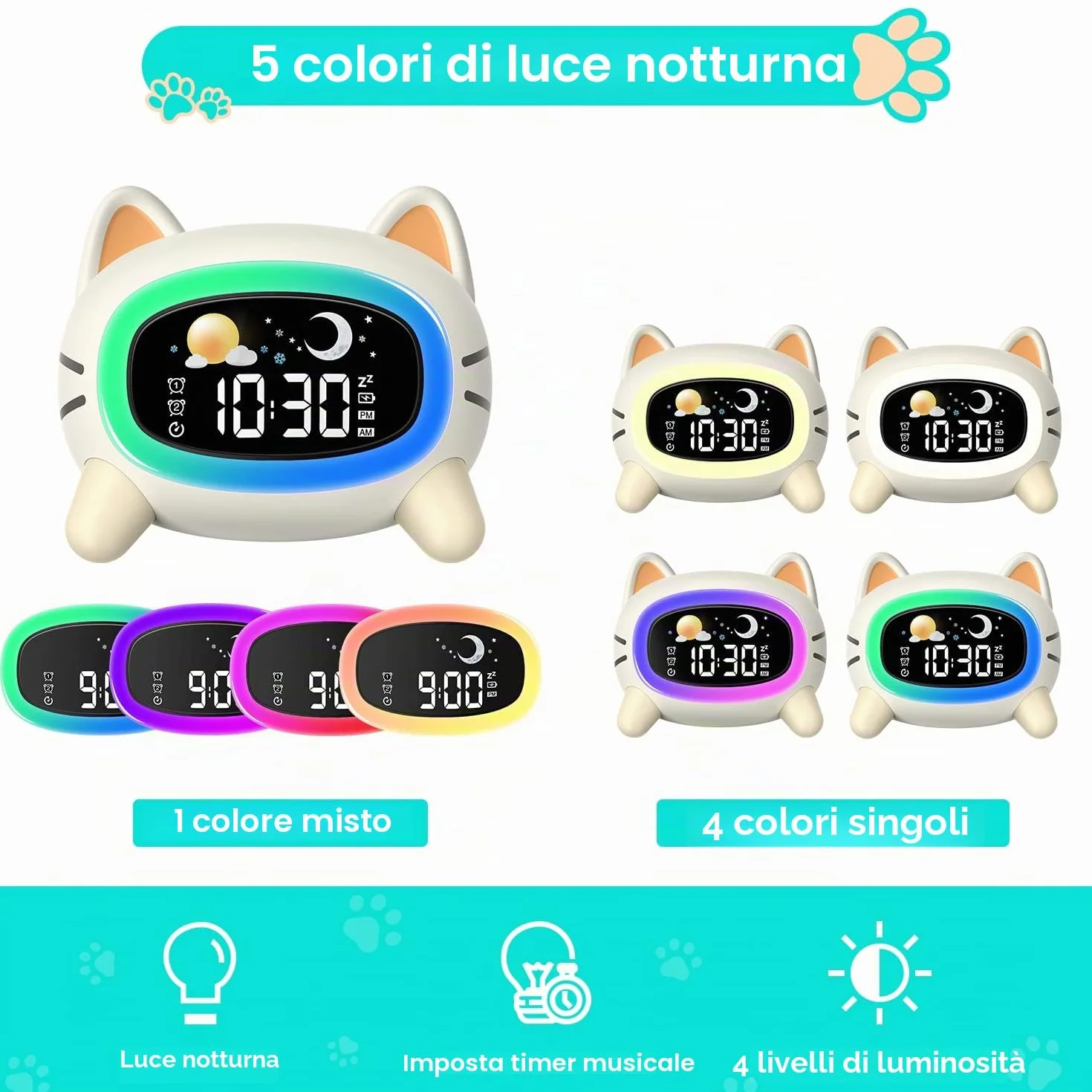 LEMNOI SG5 Sveglia per Bambini, 3 Luminosità 5 luce notturna 7 Musica, Sveglia Digitale per Bambini, Funzione di Ricarica, sveglia da comodino digitale, allenamento del sonno per i bambini (gatto)