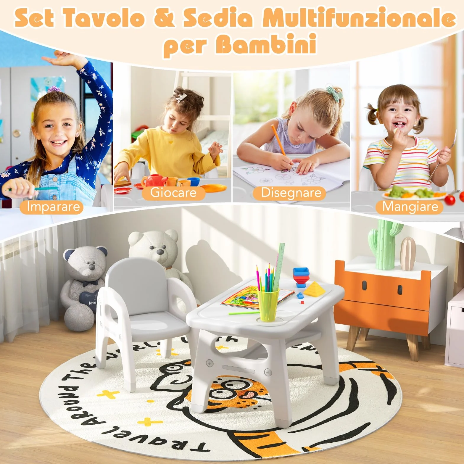 COSTWAY Tavolo e Sedia per Bambini Dinosauro Set Scrivania Attività Artistiche Studio 1-5 Anni Grigio