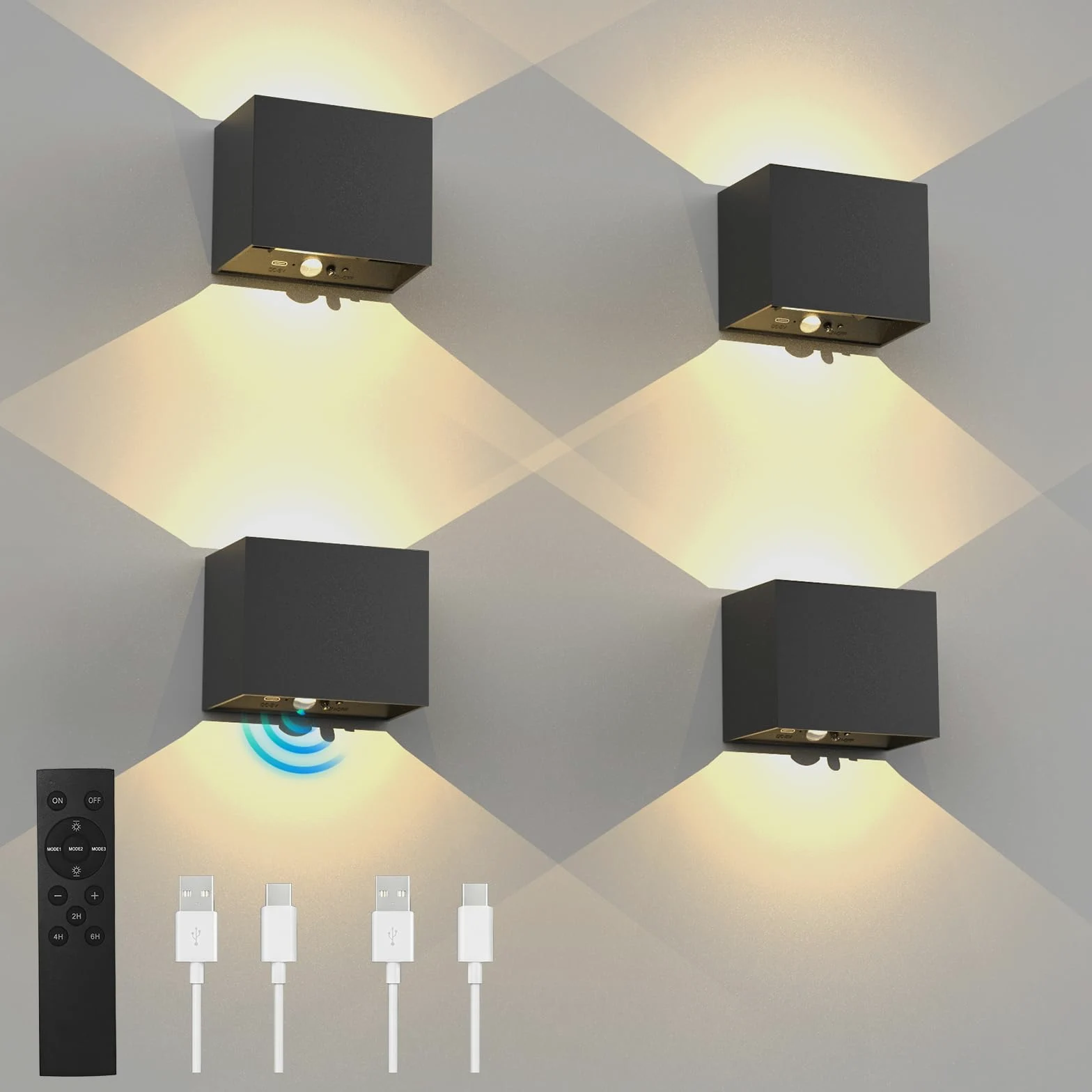 T-SUN 4 Pezzi Applique a Muro con Sensore di Movimento con Telecomando, 3 Modalità Lampada da Parete Ricaricabile Senza Fili, Applique a Muro Alto e Basso con Timer per Interni/Esterni