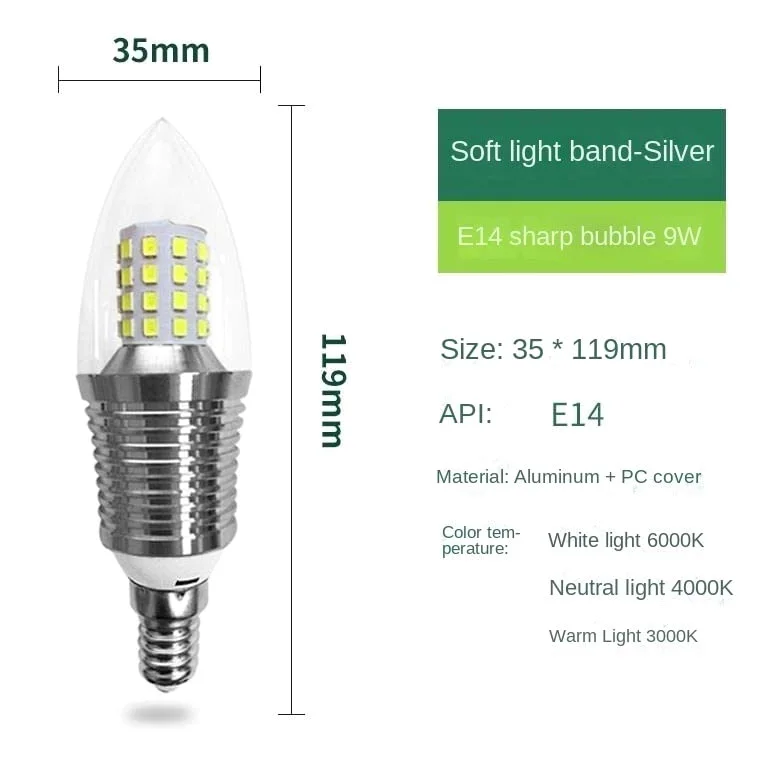 Luce di casa lampadina della candela di 20pcs/lot LED dorata/argento E14 sorgente luminosa del lampadario a bracci di cristallo della luce del cereale della vite(Tri-colour,E14 Silver 9W)