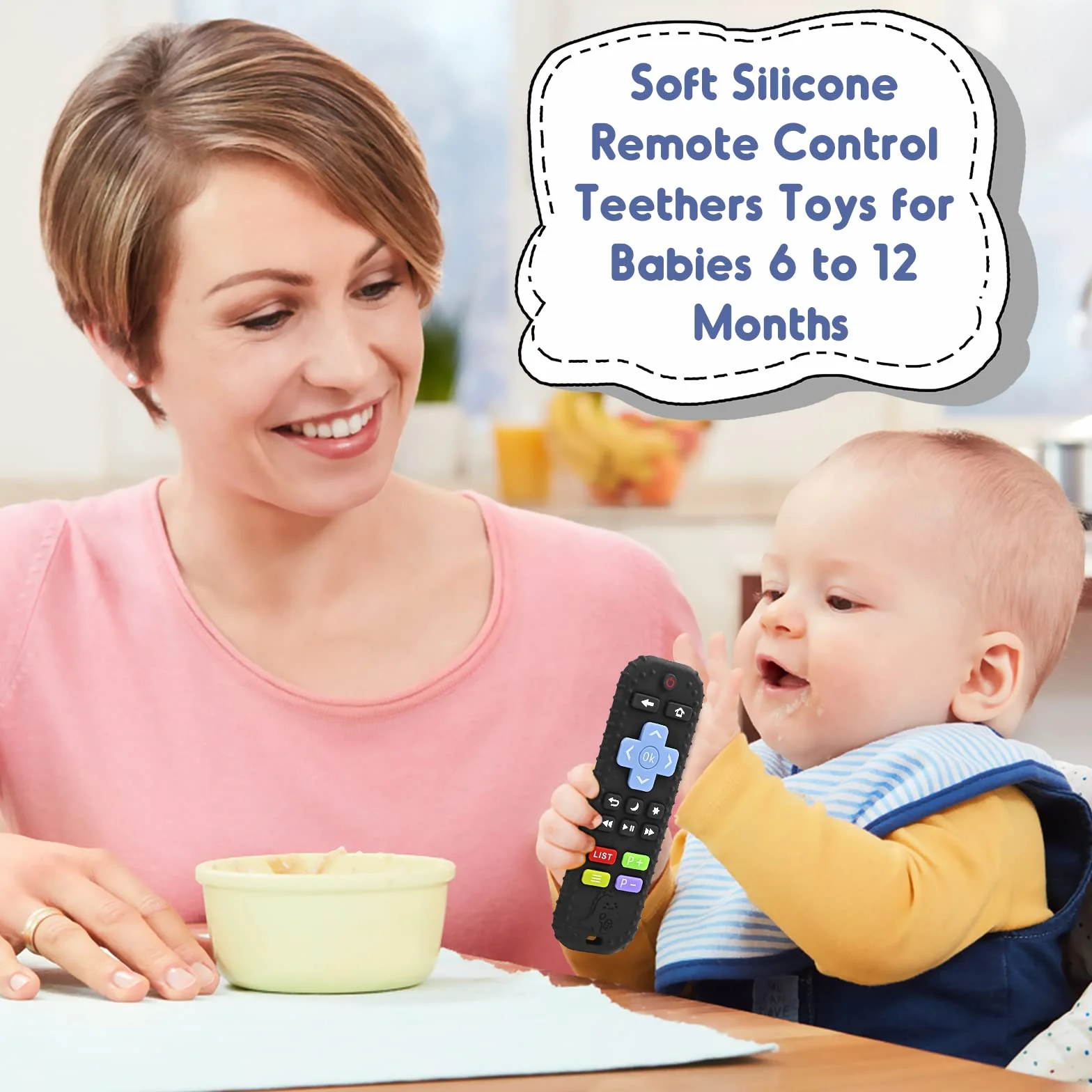 Giocattoli Sensoriali in Silicone per Dentizione Bambini 3-12 Mesi, Telecomando Bagno Neonato Nero