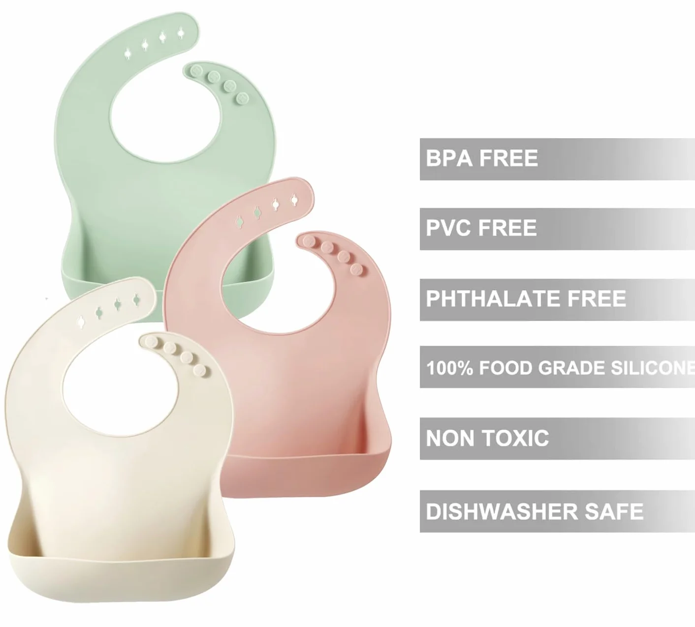 PandaEar Set di 3 Bavaglini in Silicone per Bambini, Senza BPA, Impermeabili e Regolabili con Tasca Raccogli-Food