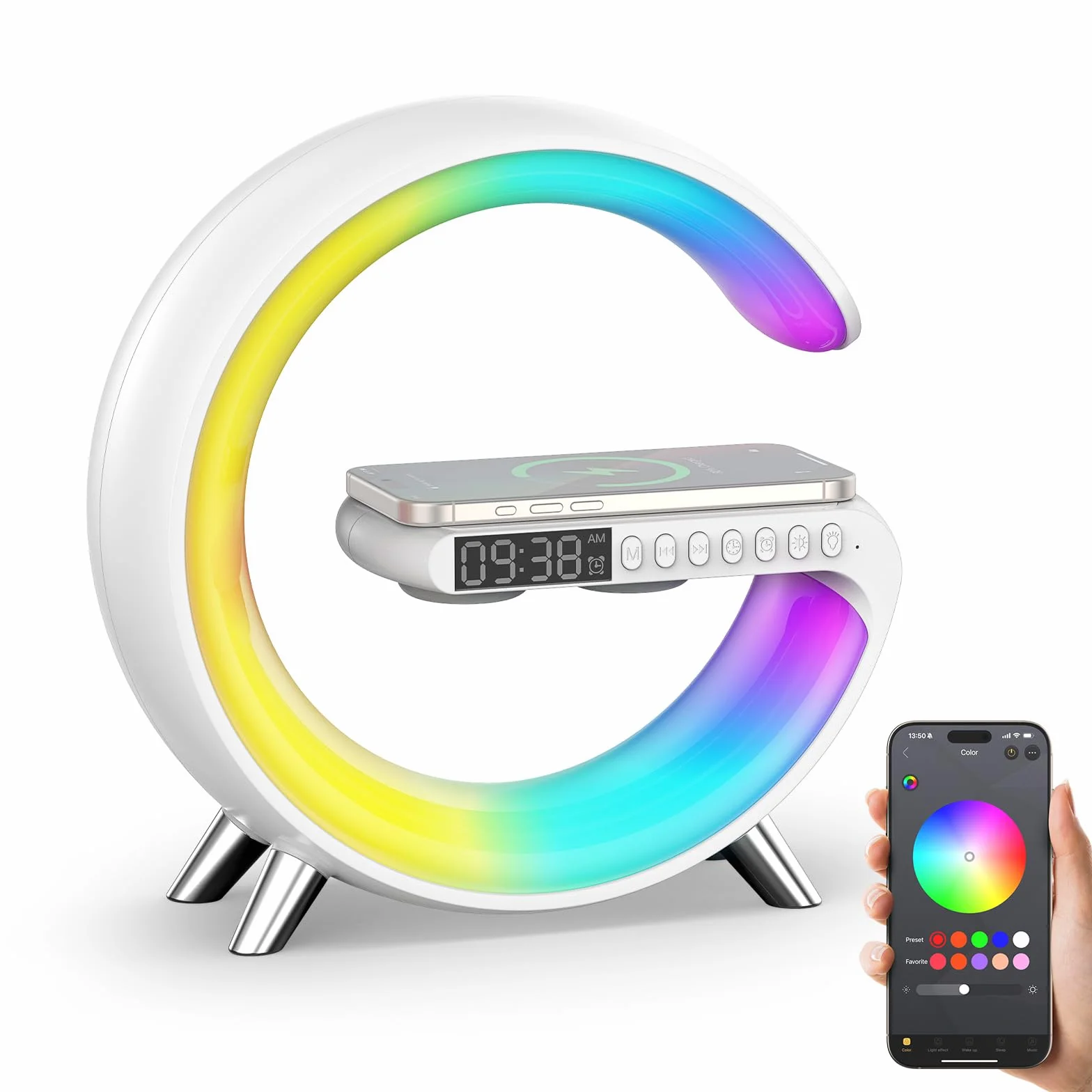 Smiling Shark Intelligente LED Sveglia Luce, Lampada Sveglia Atmosfera con Altoparlante Bluetooth & Ricarica Senza Fili Controllo App Dimmerabile Smart Wake Up Light per Casa Decorazione Regalo