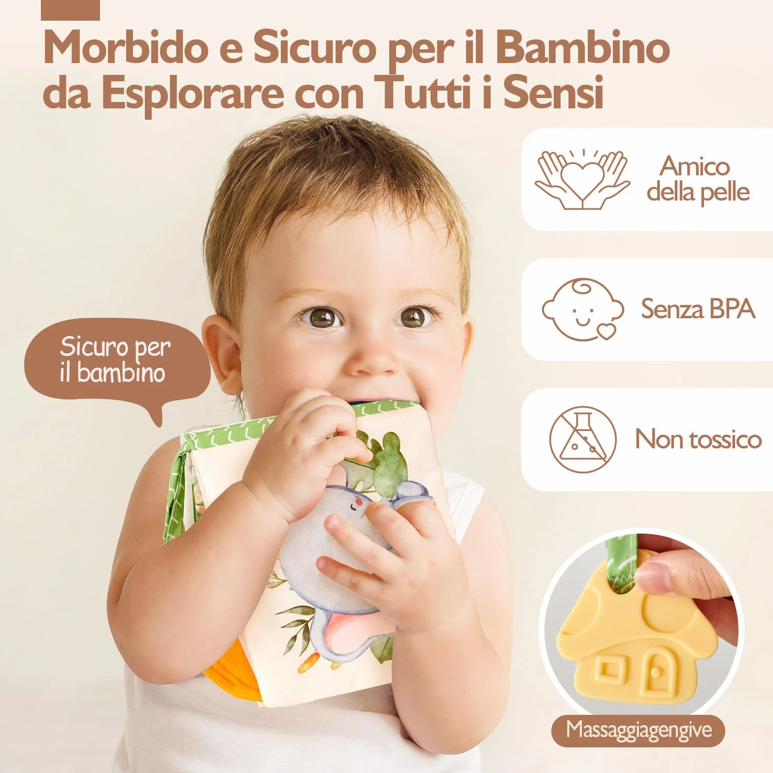 hahaland Libri di Stoffa Neonati 0-6 Mesi - Morbidi Animali Interattivi Libretto Tattile con Specchio - Giochi Sensoriali per Bimbo Bimba