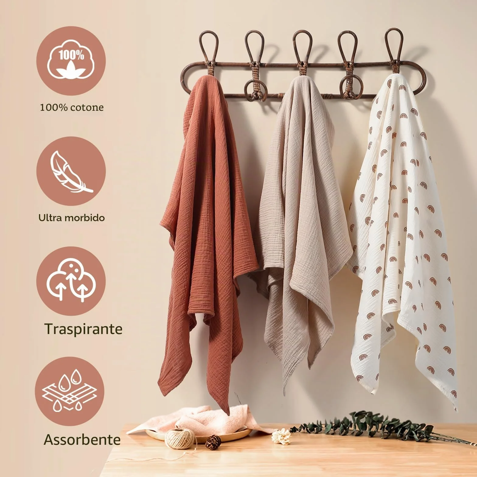 Mussole Neonato 100 x 100 cm 3 Pack Morbido Copertine in Mussola Cotone Unisex Avvolgenti Regalo Bambino Arcobaleno