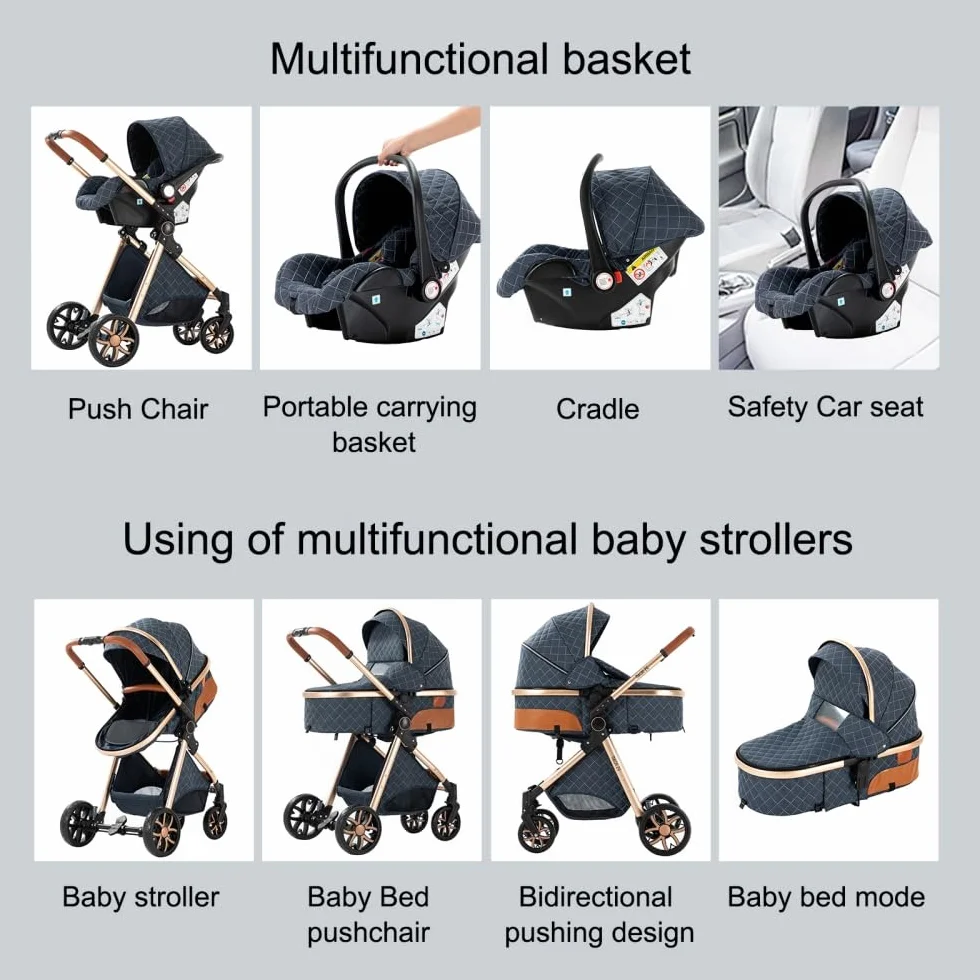 Passeggino 3 in 1 Elevato Pieghevole in Alluminio per Bambini Grigio