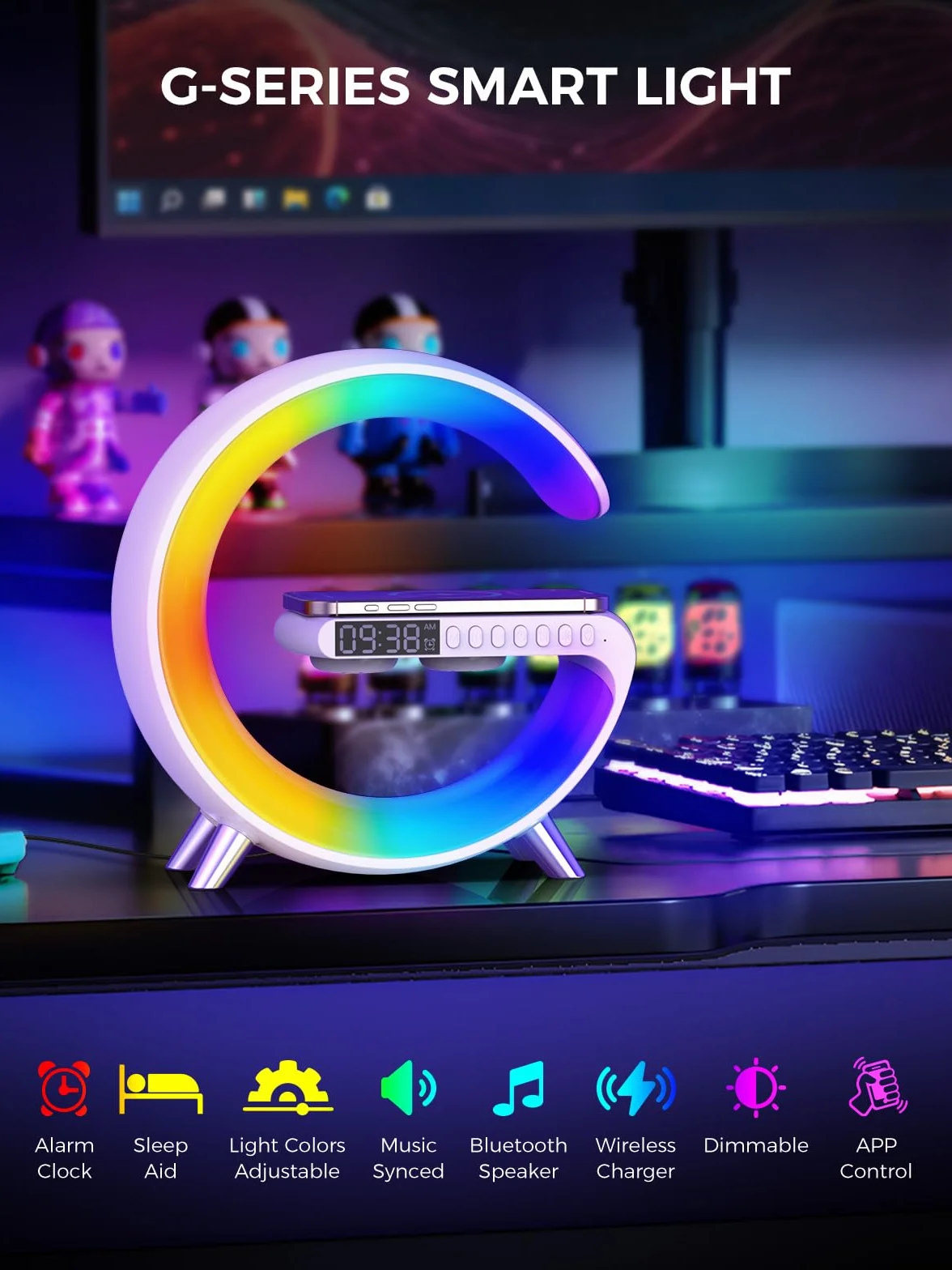Smiling Shark Intelligente LED Sveglia Luce, Lampada Sveglia Atmosfera con Altoparlante Bluetooth & Ricarica Senza Fili Controllo App Dimmerabile Smart Wake Up Light per Casa Decorazione Regalo