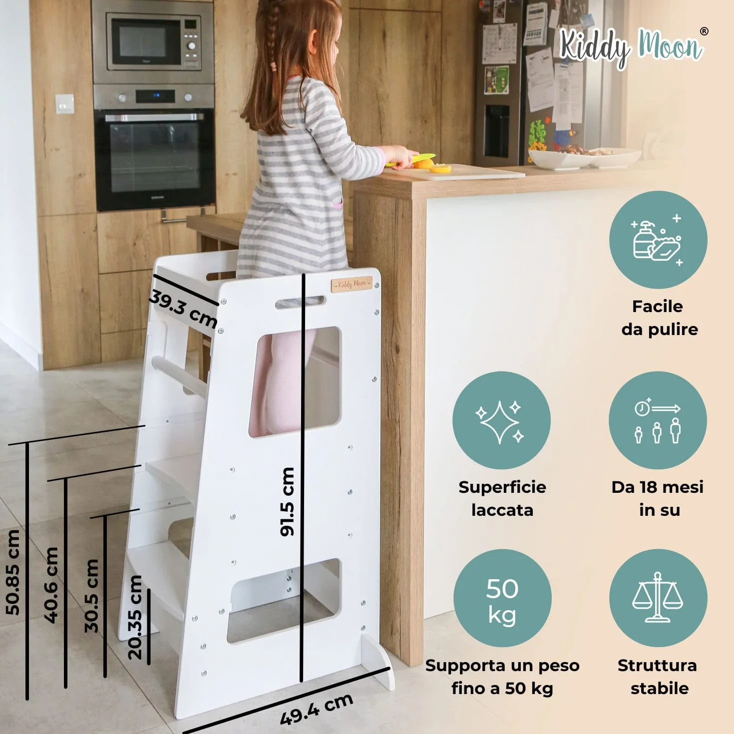 KiddyMoon Torre Montessori Bambini, Learning Tower Cucina, Pedana Regolabile 3 Altezze, Bianco