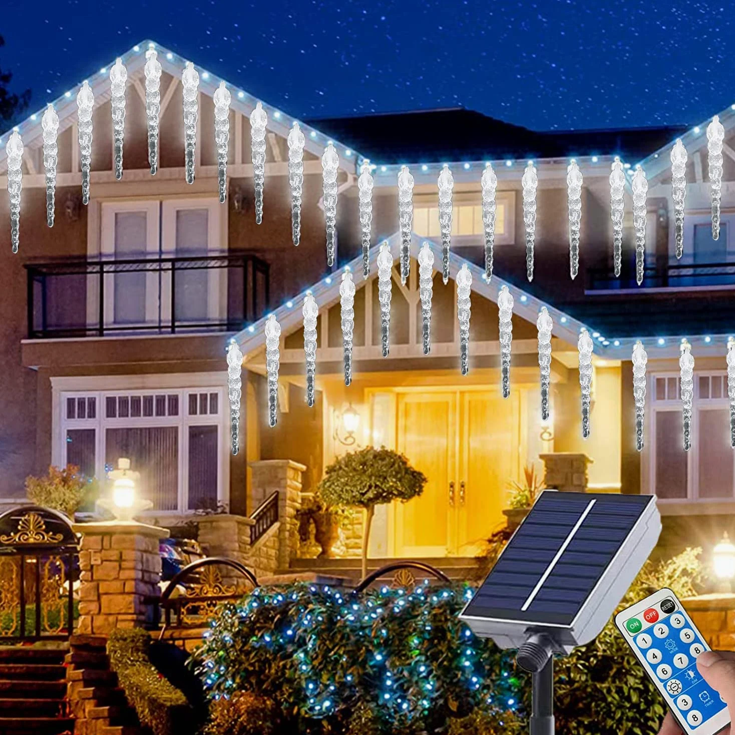 Tenda a LED solare con ghiaccioli per esterni, impermeabile, impermeabile, per interni, colonna di ghiaccio, 8 modalità, illuminazione natalizia con telecomando (50 LED bianco)