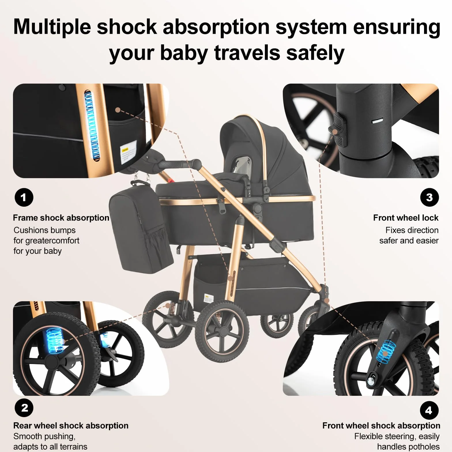 Passeggino 3 in 1 da viaggio, carrozzina e seggiolino auto, telaio in alluminio massiccio, nero