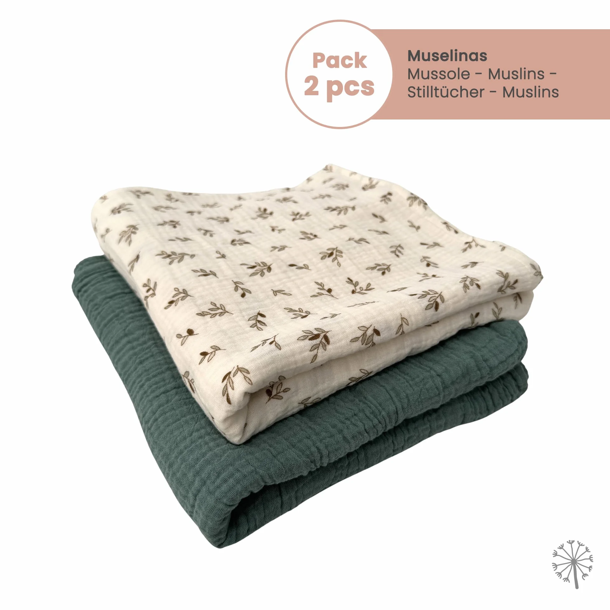 Confezione da 2 Mussola per Bambini 1x1m, Panno per Allattamento in Cotone Morbido, Assorbente, Traspirante (Ecru/Mint)