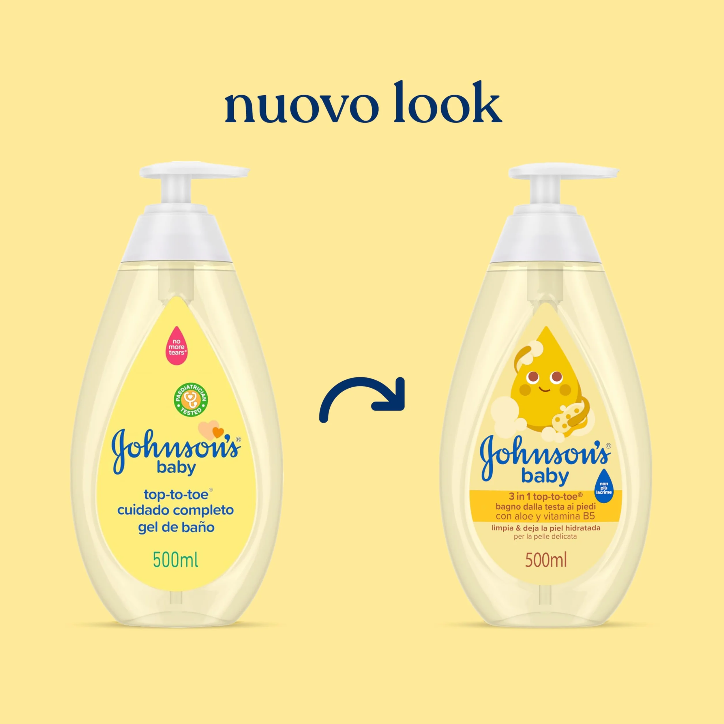 Johnson's Baby Top-to-Toe 3 in 1 Bagno dalla Testa ai Piedi 500 ml Bagnoschiuma e shampoo bambini per viso corpo e capelli