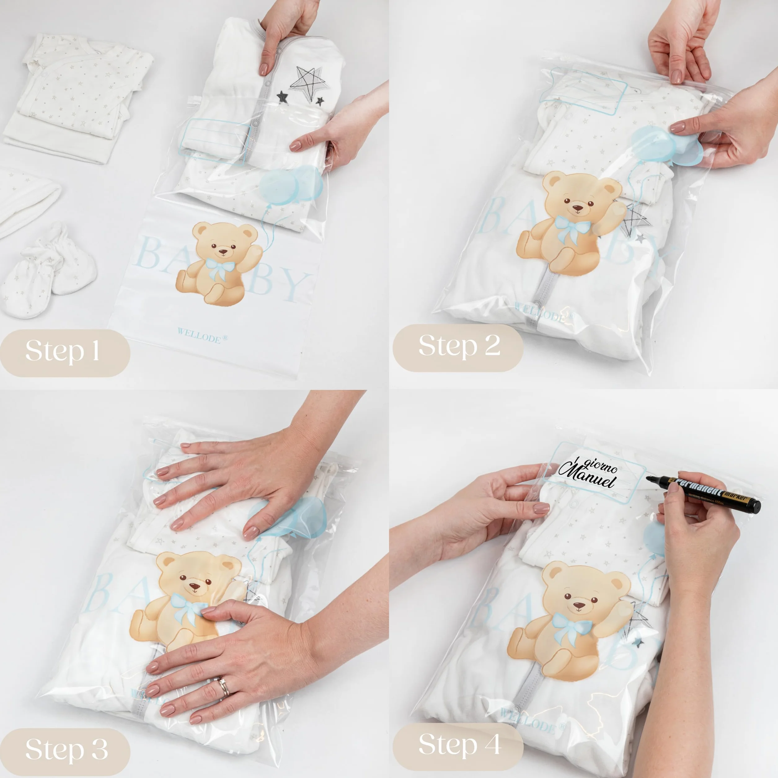 Wellode 8 Bustine Corredino Neonato Ospedale Teddy Bear, 6 Grandi e 2 Piccole - Sacchetti Cambio Neonato Riutilizzabili per Asilo e Viaggi - Idea Regalo Nascita Baby Shower