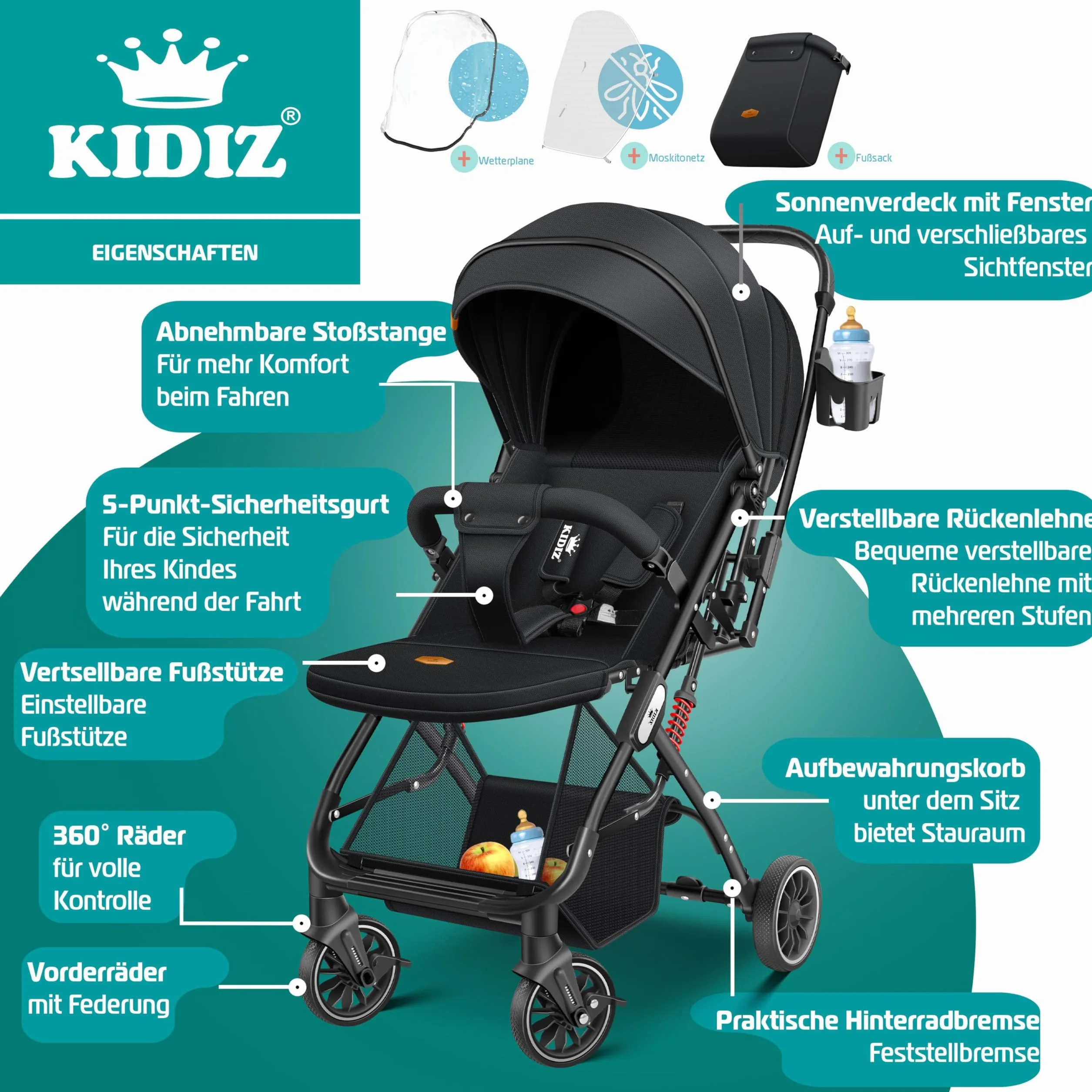 KIDIZ Passeggino Pieghevole per Bambini Sportivo con Ruote 360° Cinghia 5 Punti Sacco a Piedi Copertura Antipioggia