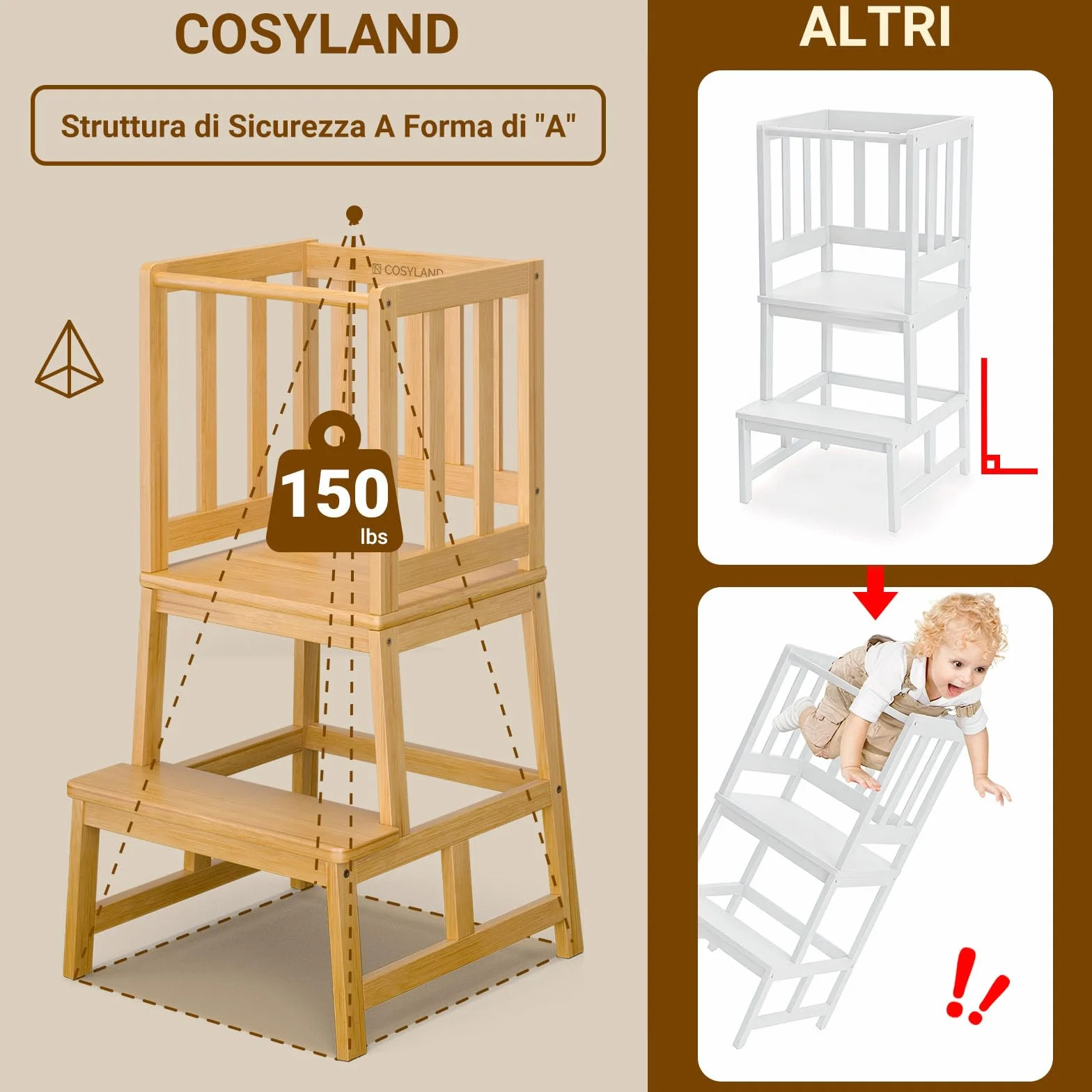 COSYLAND Torre Montessoriana Bambini A Forma di A con Pedana Centrale Rinforzata Bambù Naturale