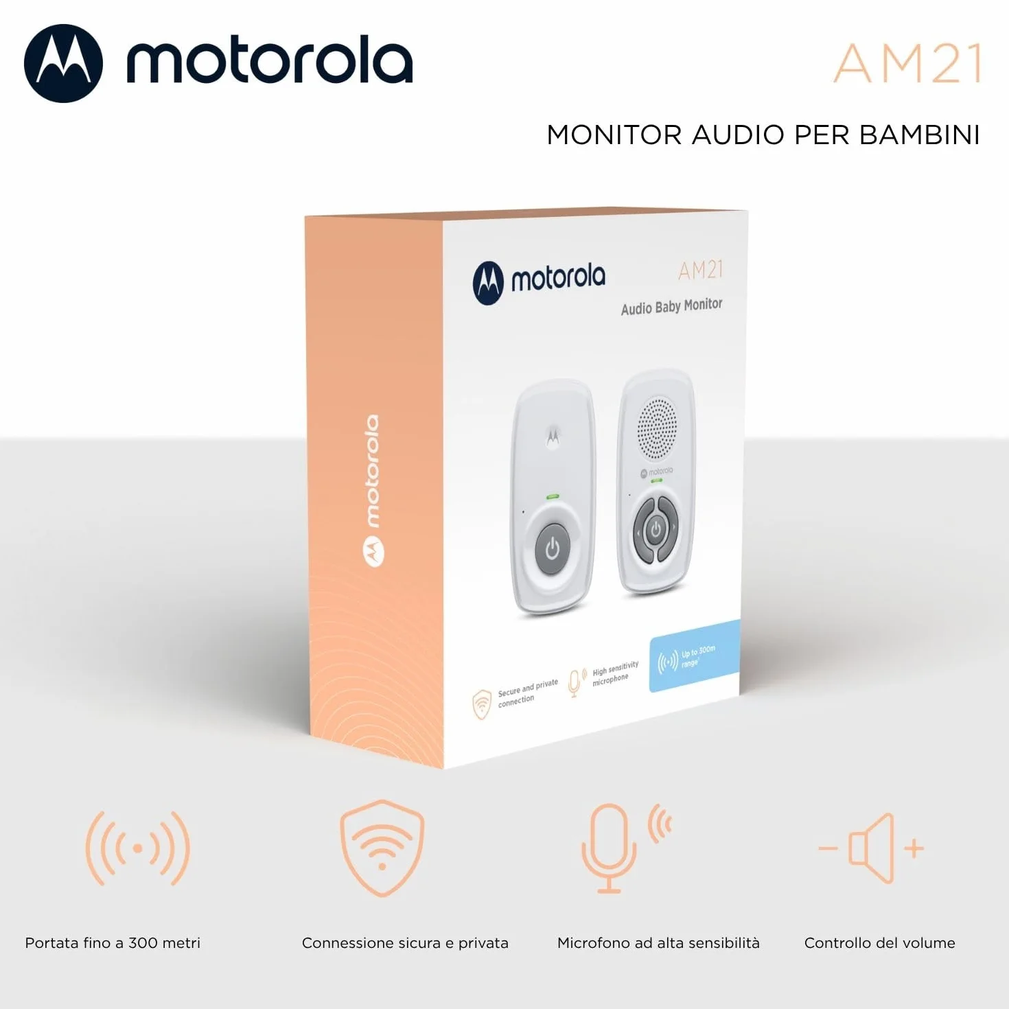 Motorola AM21 Audio Baby Monitor DECT Digital Monitor Long Range High Sensitivity Microphone White