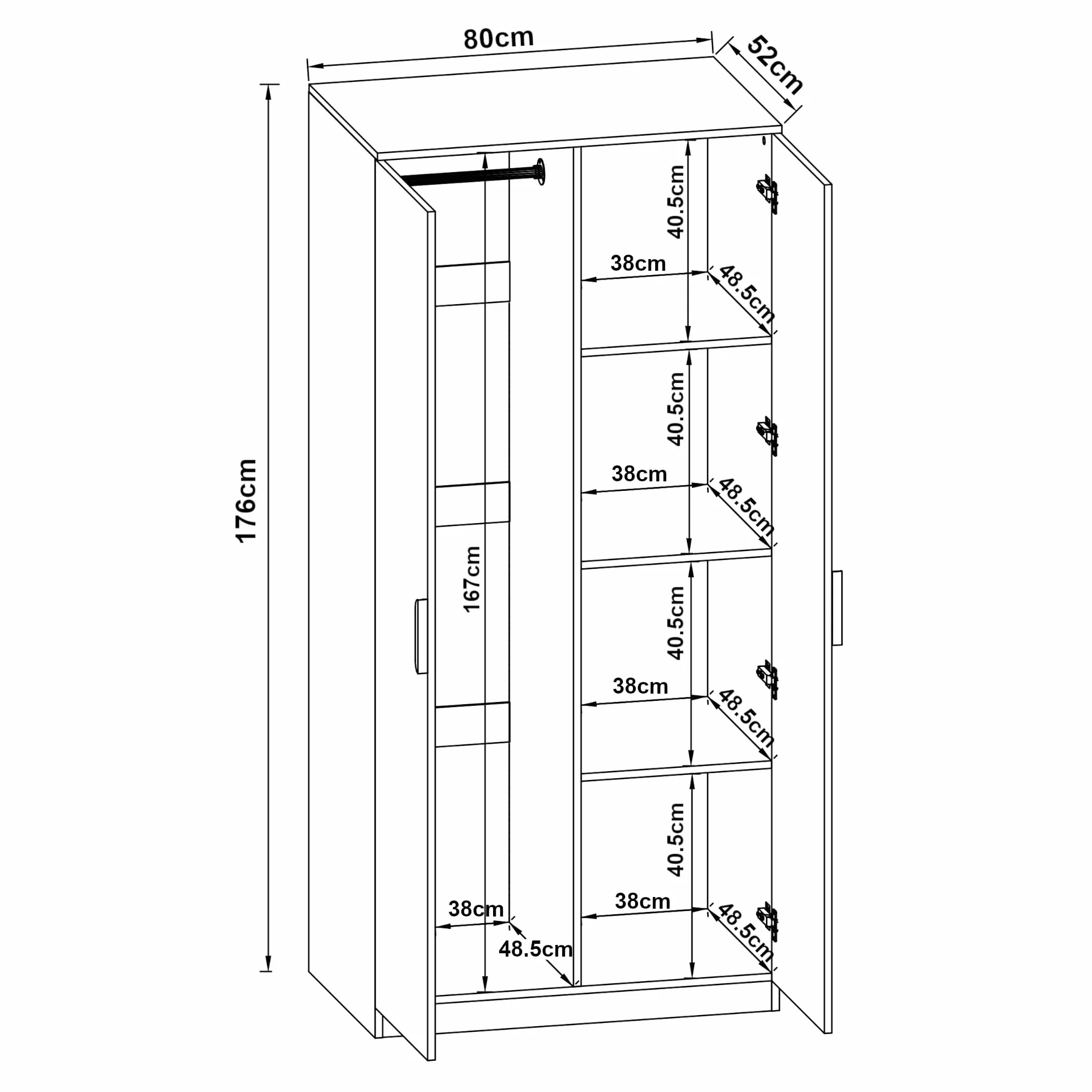Armadio Guardaroba per Camera da Letto 4 Scomparti Asta Appendiabiti 176 x 80 x 52 cm Effetto Rovere