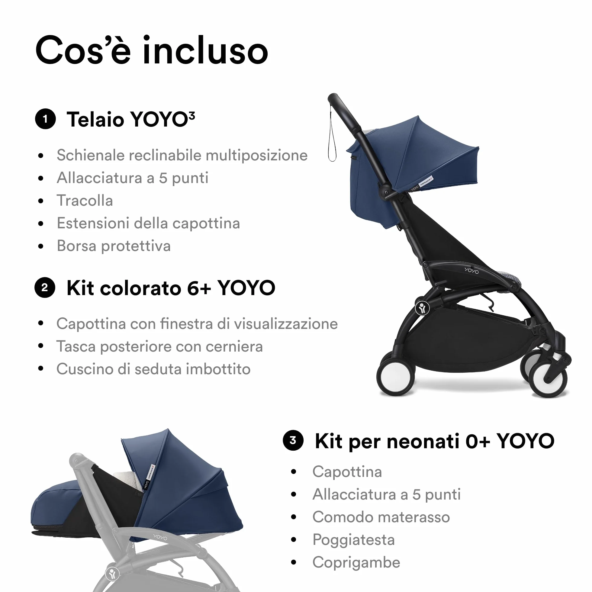 Stokke YOYO3 Passeggino con Newborn Pack - Telaio Nero, 6+ Color Pack Air France Blue, 0+ Newborn Pack Air France Blue