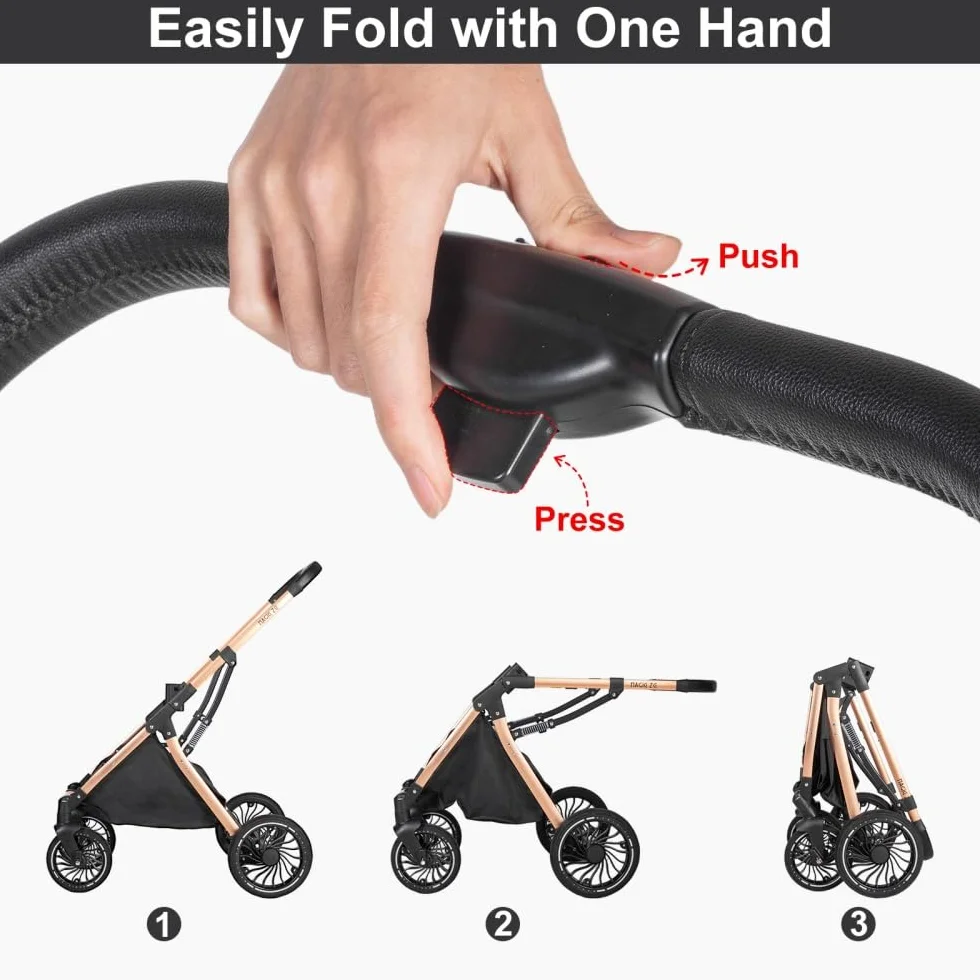 Passeggino 3 in 1 pieghevole reclinabile per neonati e bambini piccoli, ruote per tutti i terreni, con accessori (Nero)