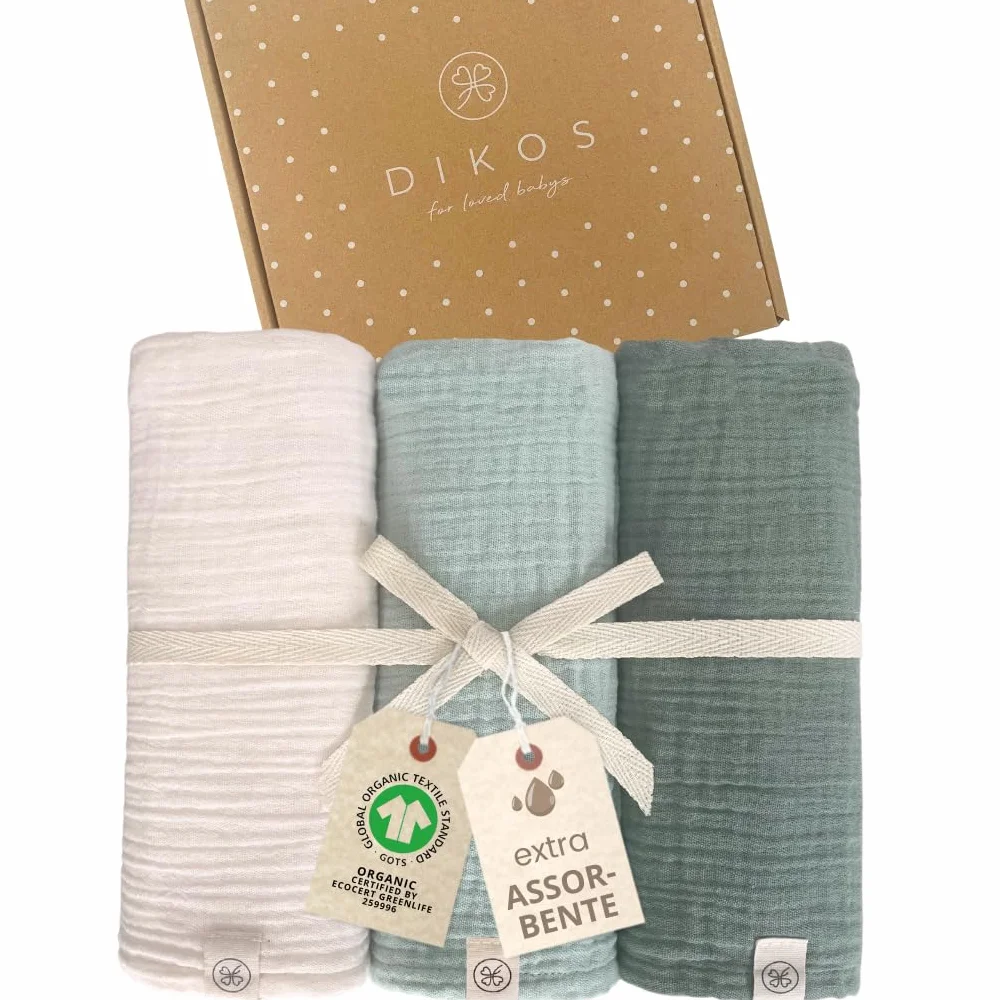 DIKOS Mussole Neonato 100% Cotone Biologico GOTS Set 3 Pezzi 64x64cm Morbida per Bambino
