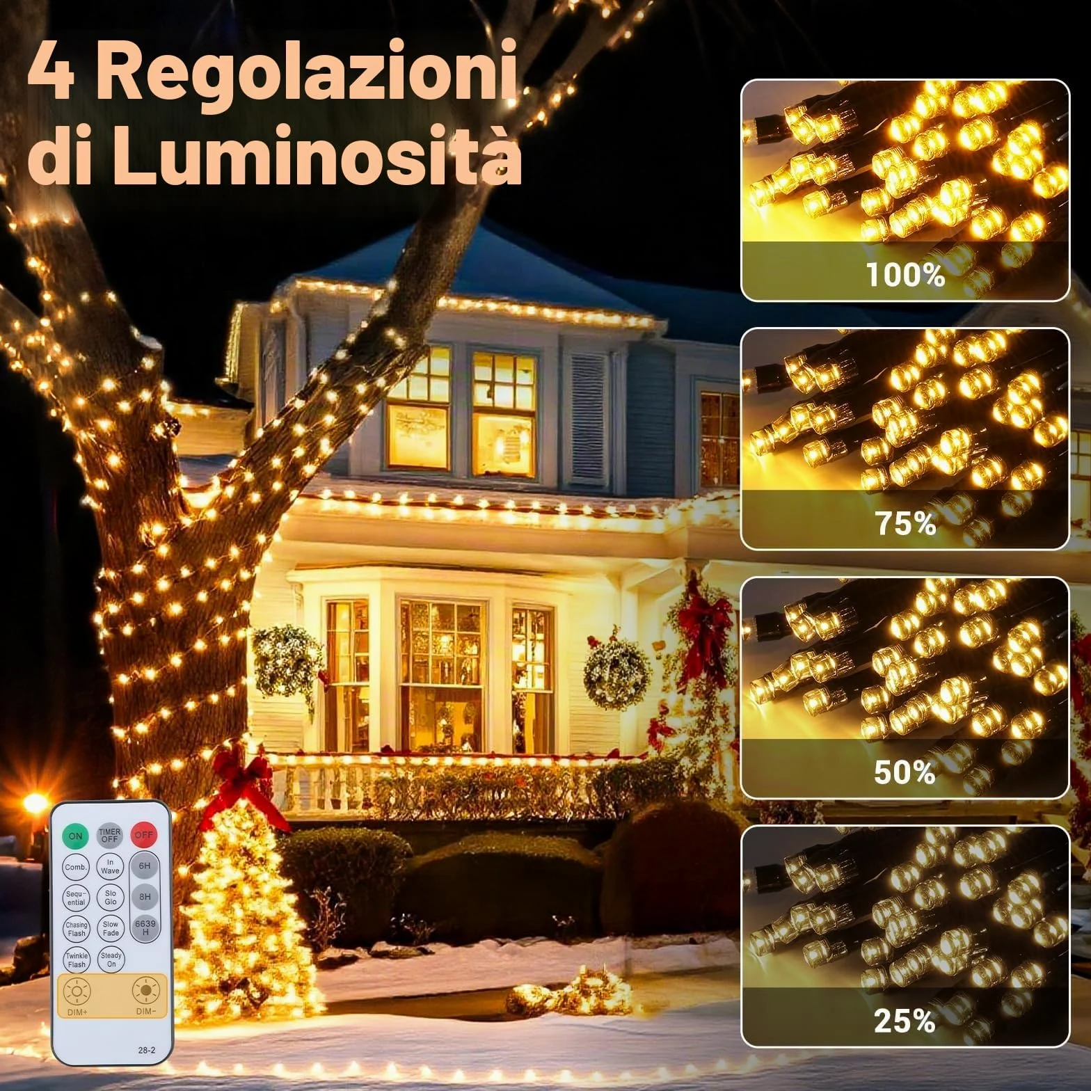 Marchpower Luci Albero Natale 20M, Catena Luminosa 200 LED Esterno Impermeabile,8 Modalità Telecomando Funzione Memoria, Calda Decorazione Natalizia per Casa Giardino Matrimonio Feste-Bianco Caldo