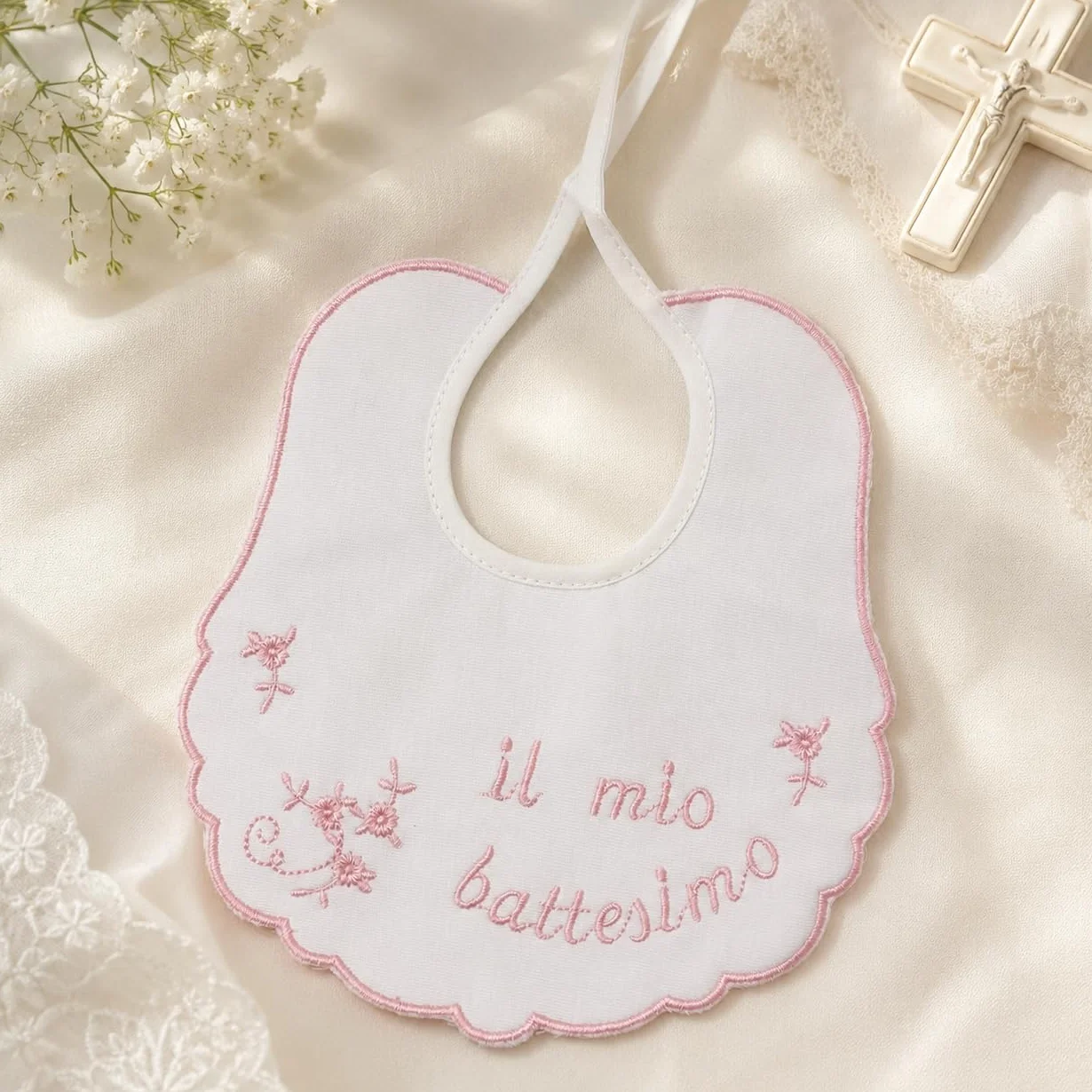 Bavaglino Il Mio Battesimo Ricamato 100% Cotone Artigianato Made In Italy