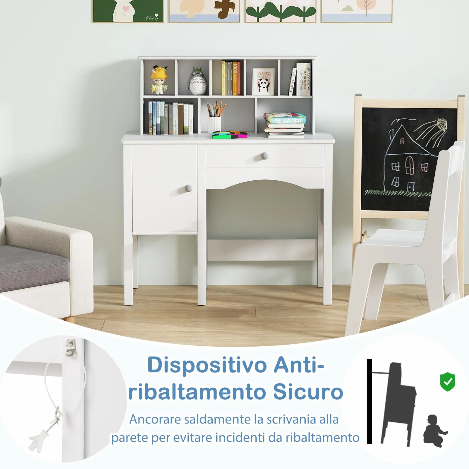 RELAX4LIFE Set Tavolo e Sedia per Bambini, Scrivania da Studio con Scaffale e Armadio, Bianco
