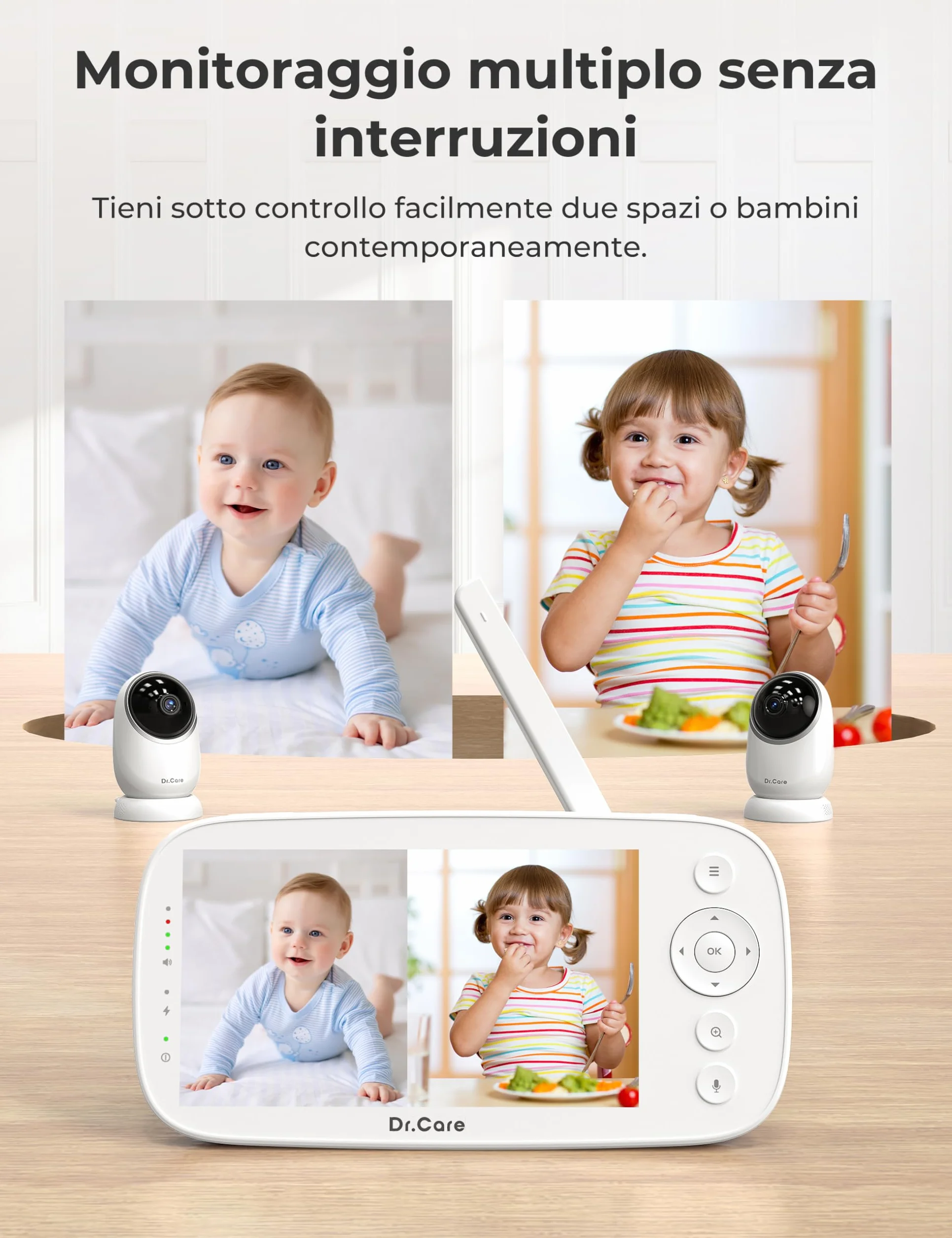 Dr.Care Baby Monitor 5" HD 1080P Senza WiFi Bassa Radiazione Visione Notturna Rotazione 360° Batteria 5000 mAh VOX