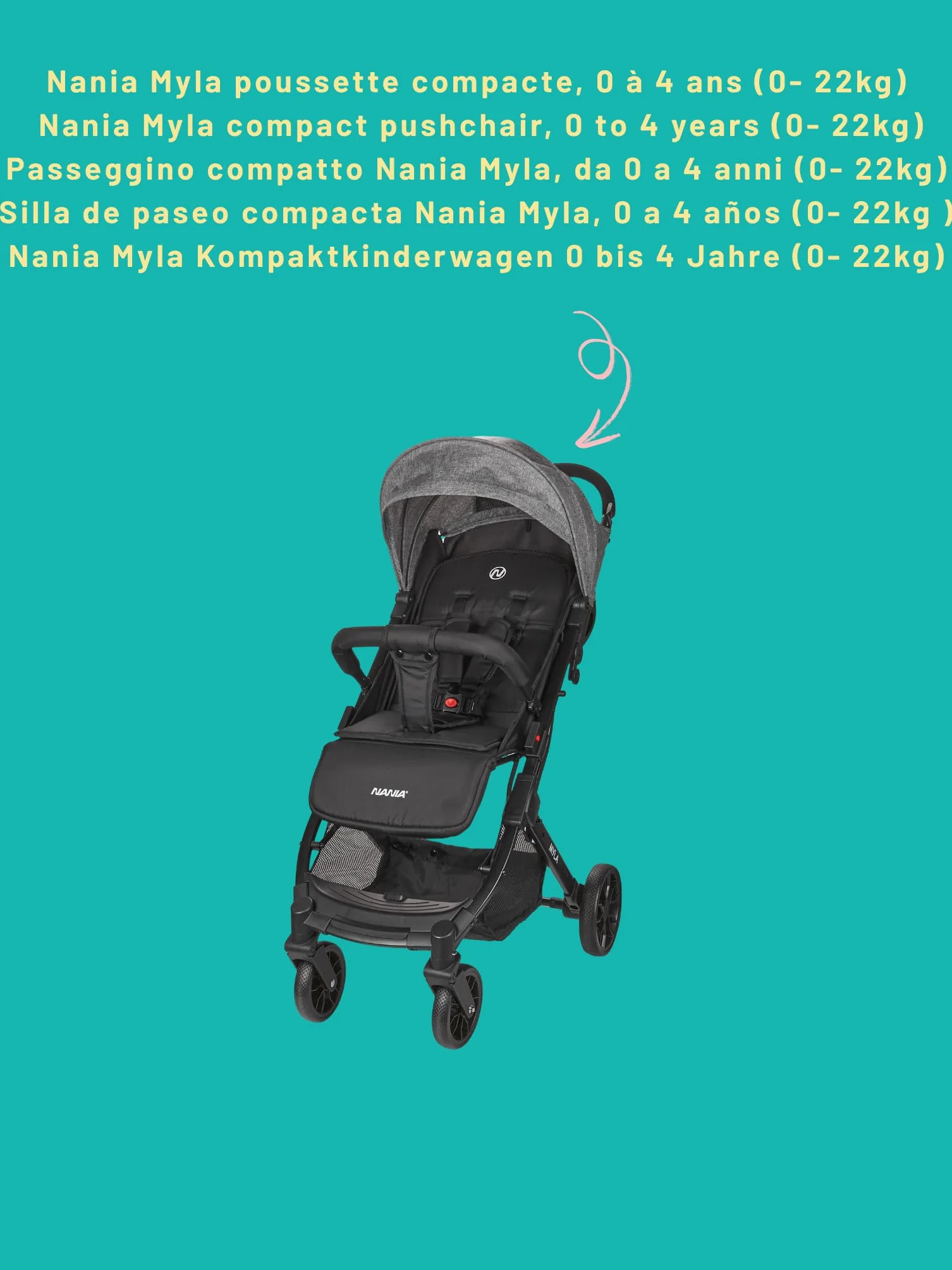 Nania Myla passeggino compatto 0-4 anni 22 kg leggero 7,5 kg reclinabile una mano trolley