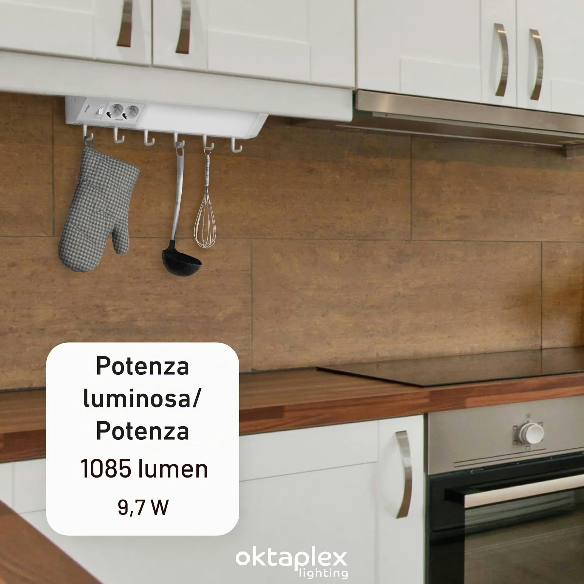 Oktaplex Talin lampada LED sottopensile con 2 prese 50 cm | 1085 lm e 9,7 W, 3000 K bianco caldo su 230 V, due prese integrate e 6 ganci per utensili