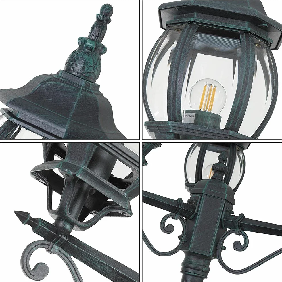 BAKAJI Lampione Vittoriano Classico da Giardino in Alluminio Lampada Lanterna Colore Grigio Finitura Anticata Verde Bronzo IP44 E27 (3 Luci 200 cm)