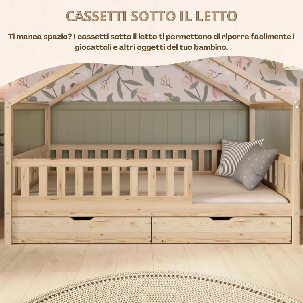 Letto Montessori a Pavimento 200x120 cm Legno Naturale con Cassetti