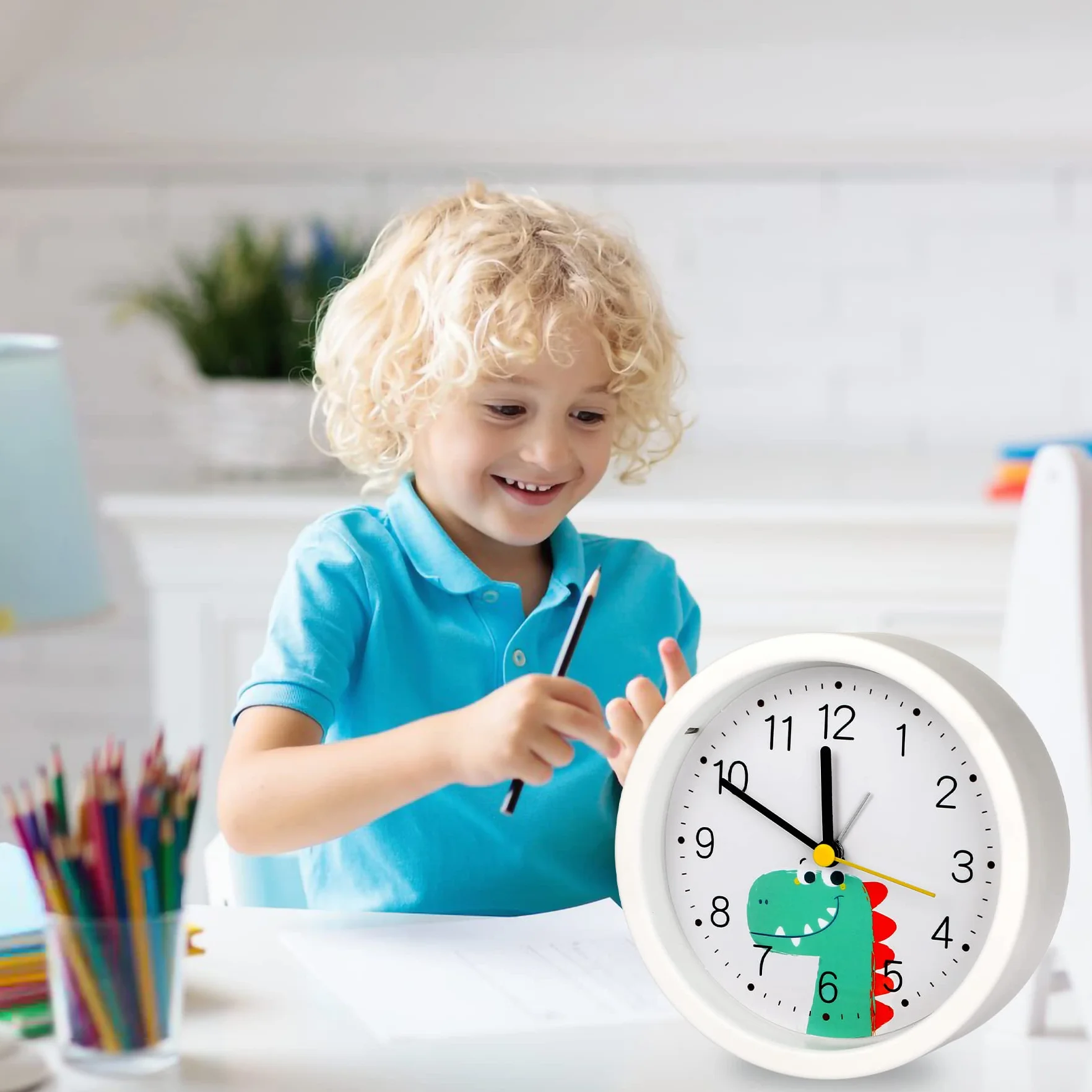 Sveglia per bambini senza ticchettio, silenziosa, con luce notturna, portatile, colore bianco