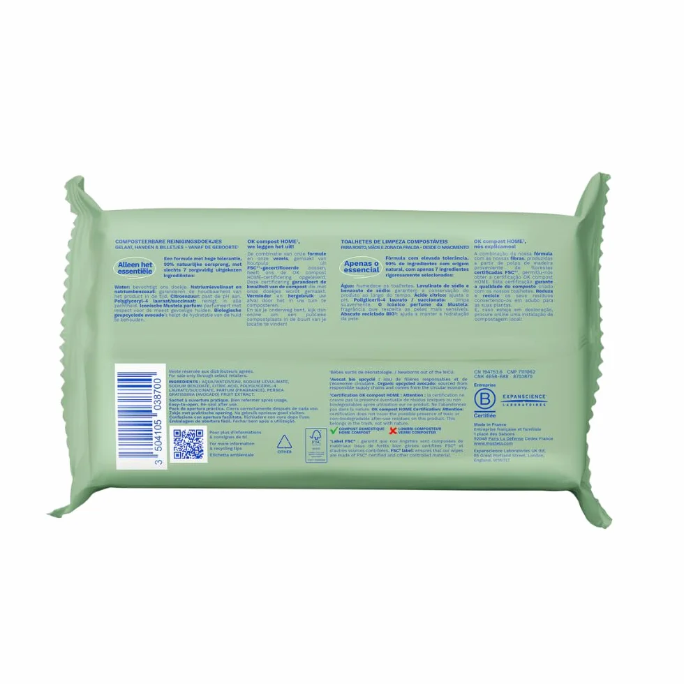 Mustela Salviette Cambio Pannolino Compostabili Profumate 100% Fibre Lyocell Origine Vegetale 60 Pezzi