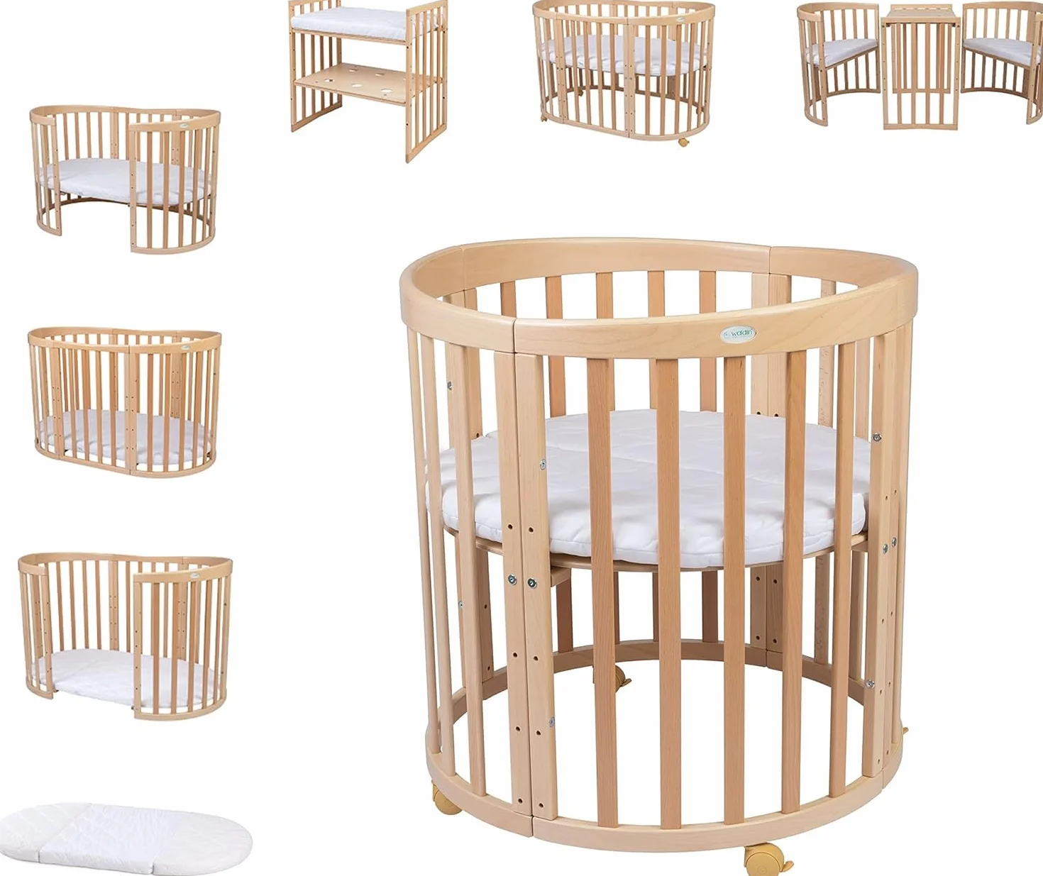 Waldin Lettino Mobile 7in1 Ovale Materasso Culla Espandibile Ventilato Base Regolabile 5 Posizioni Legno Naturale