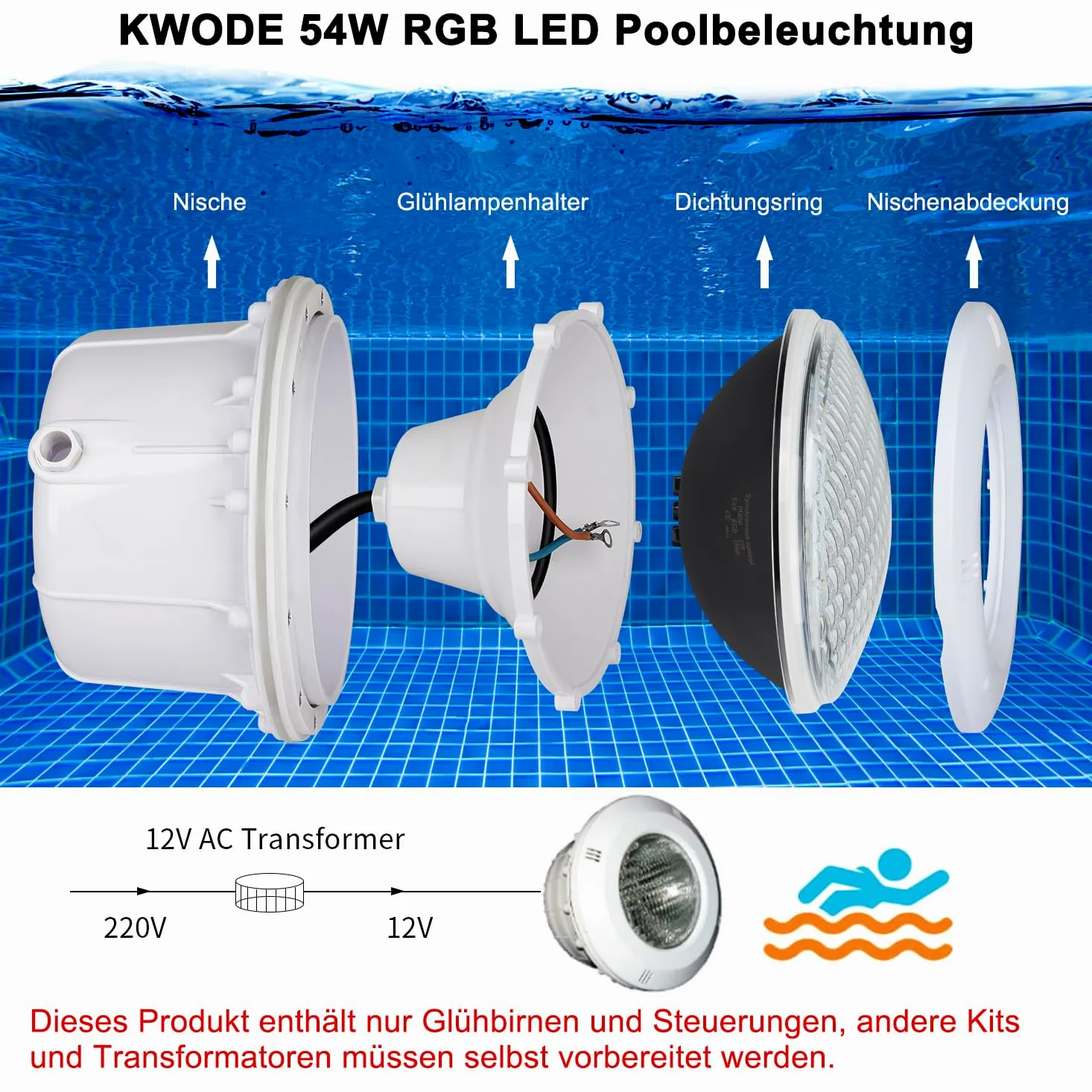 54W LED Illuminazione Della Piscina PAR56.12V RGB Luci Della Piscina Sincronizzazione Esterna con Telecomando, Timing 2/4/6H IP68 Lampada Della Piscina Impermeabile (1 PZ)
