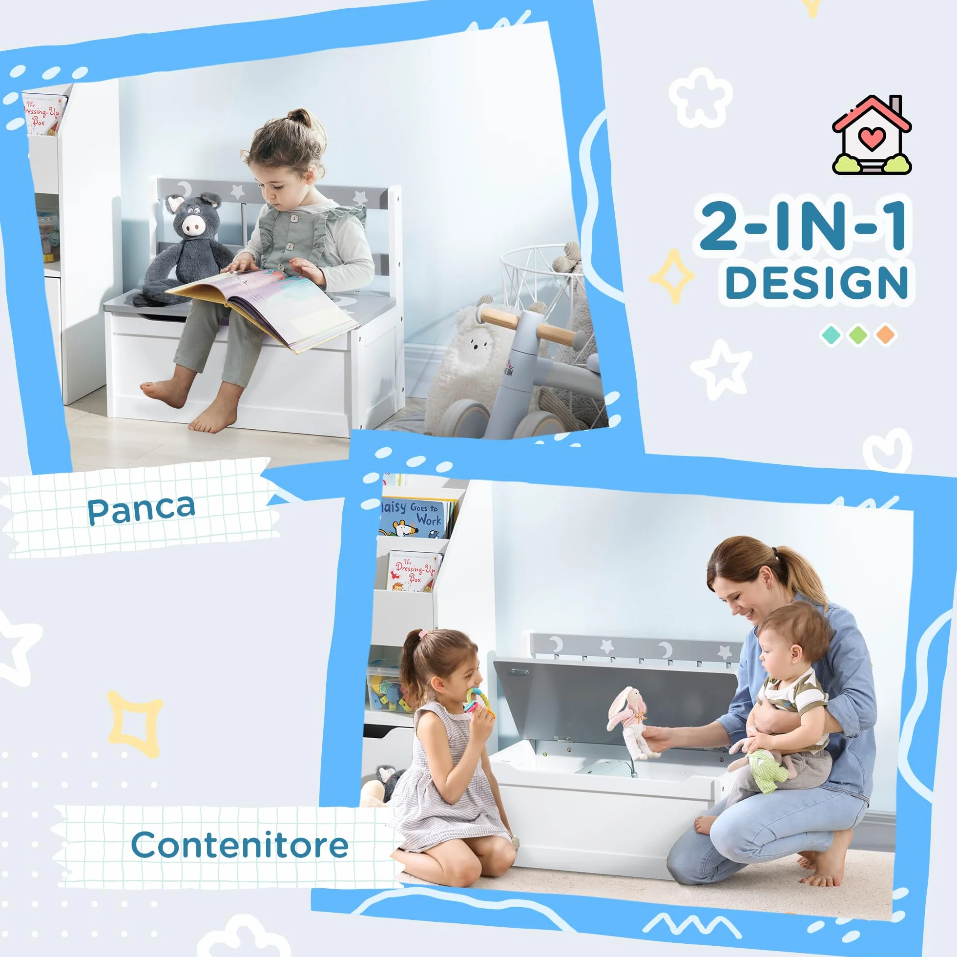 ZONEKIZ Set per Bambini 3-6 Anni con Lettino 143x76x49 cm, Mobile Portagiochi 63x30x60 cm e Cassapanca 60x30x50 cm, Grigio