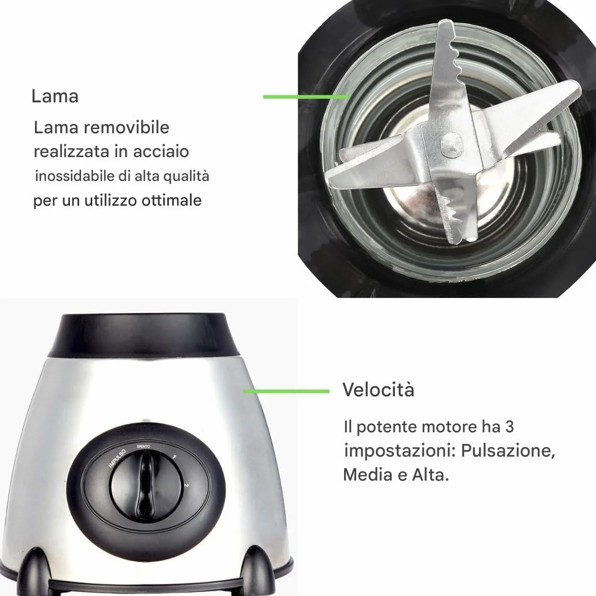 Royal Swiss Frullatore Mixer Acciaio Inox 1000W Caraffa 1.5L Vetro Temperato Nero