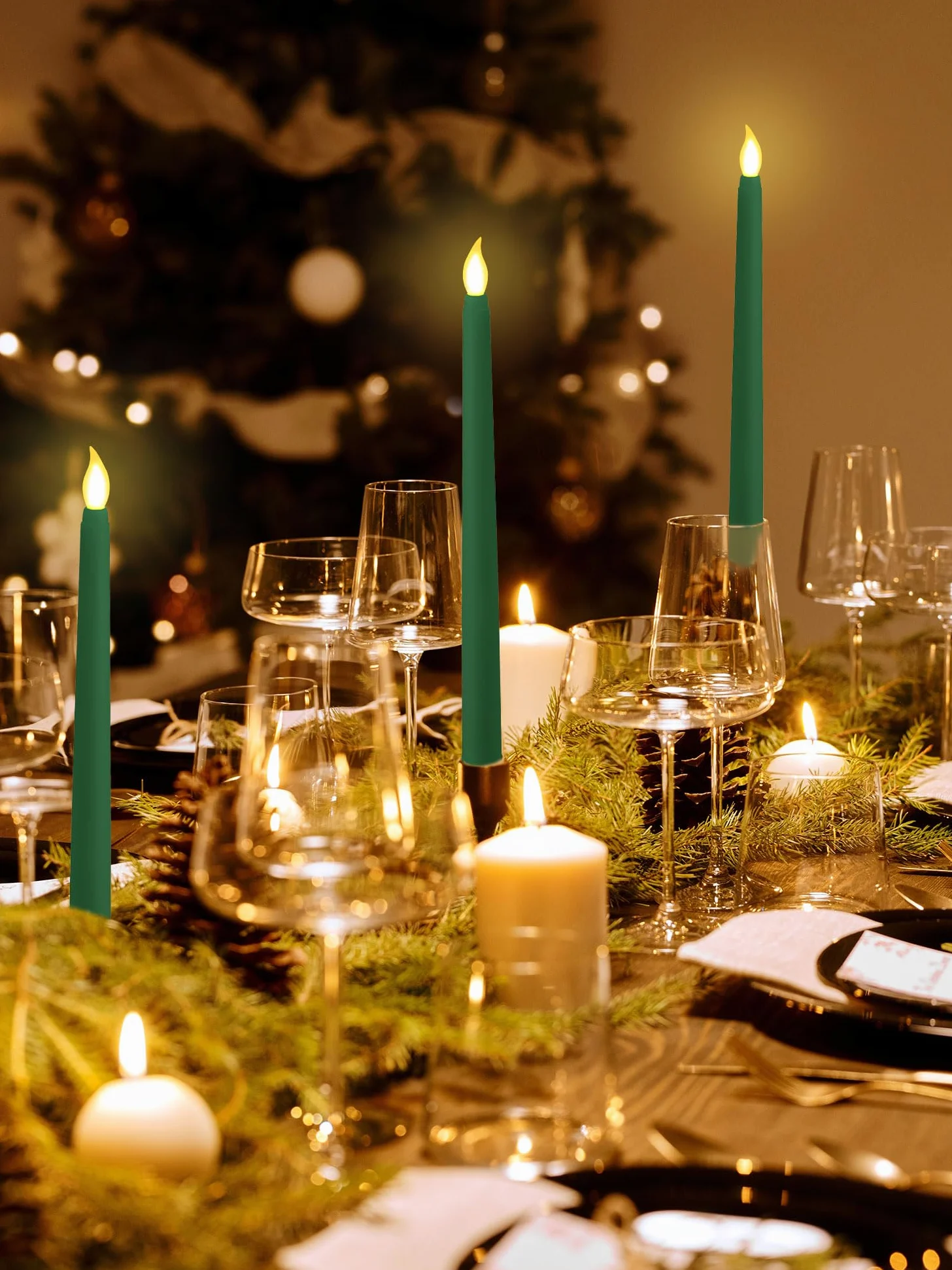48 candele coniche senza fiamma, 28 cm, a batteria, a LED, in cera sintetica, tremolanti, per Halloween, Natale, chiesa, feste di nozze (verde)