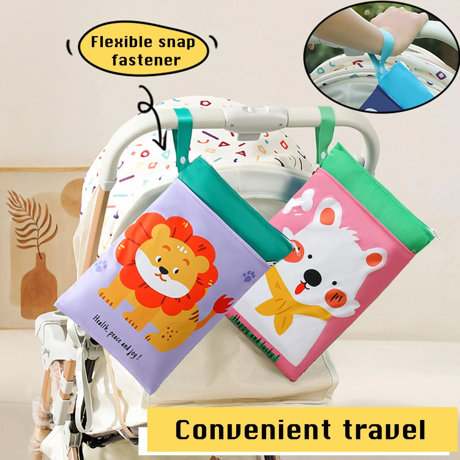 Borsa Porta Pannolini Impermeabile 2 Pezzi, Sacca Salviette Wet Bag con Zip, Animali Cartoni Animati, 2 Scomparti Viaggio Passeggino Spiaggia Piscina