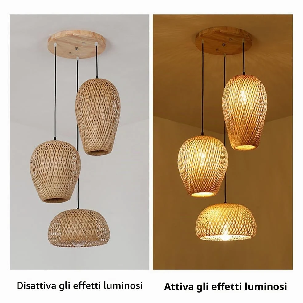 JOJOM Retro Bamboo Pendant Light E27 Lanterna di bambù naturale Rattan intrecciato a mano Tre pezzi Altezza regolabile Luce appesa Lampadario a soffitto per sala da pranzo Camera da letto Bar Illumina
